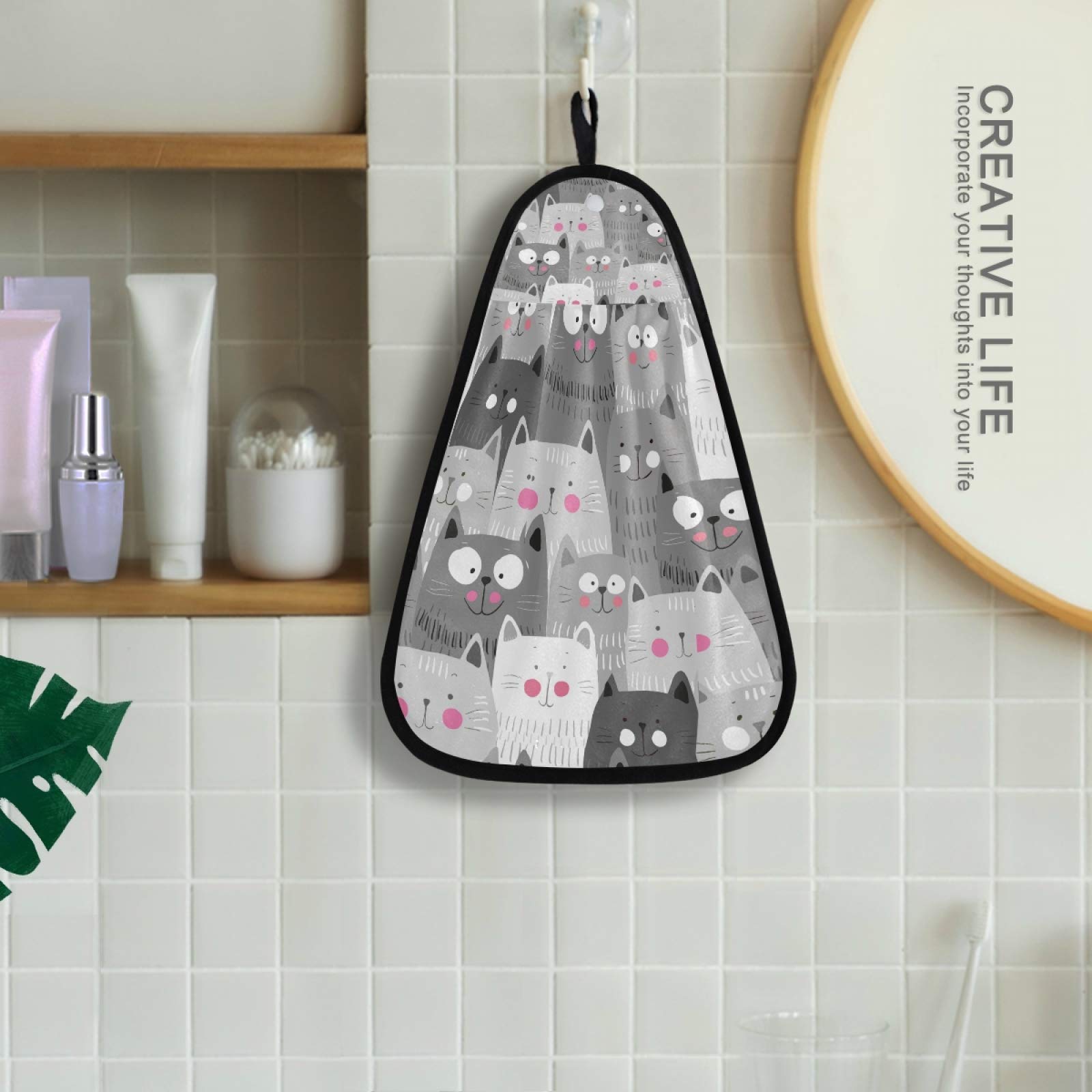 Qilmy Cat Hanging Kitchen Hand Towel - Soft Absorbent Dish Cloth & Washcloth with Loop for Kitchen, Bathroom, Farmhouse Decor - Perfect for Drying Dishes, Cleaning Countertops & Adding Rustic Charm