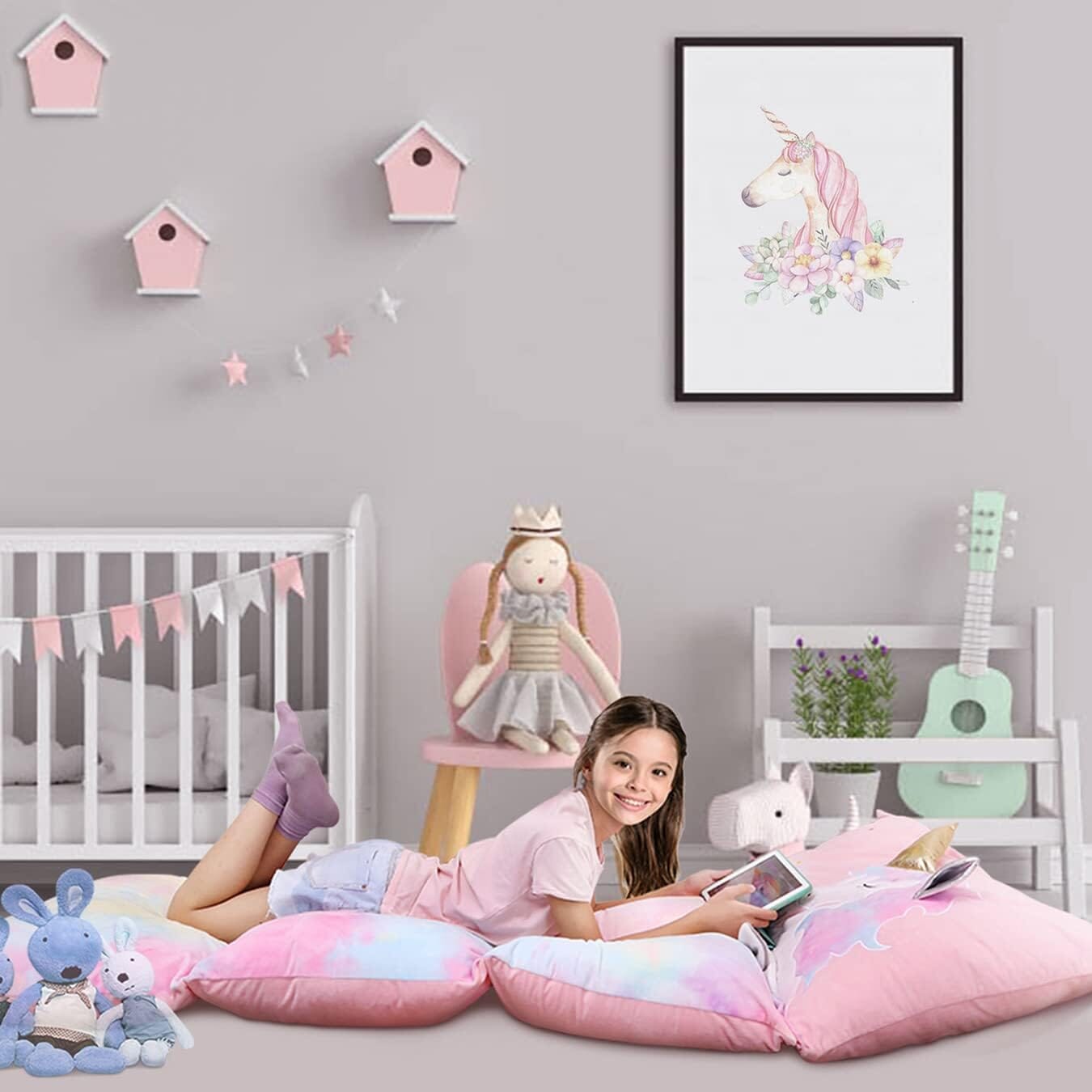Unicorn Kids Floor Pillow - Soft Bed Seat Cover for Girls, Queen Size - Perfect for Playroom, Bedroom, and Cozy Reading Nook