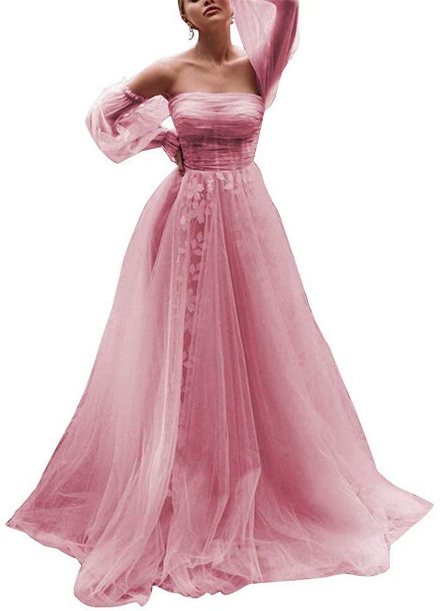 Vintage Off Shoulder Tulle Ball Gown Puffy Princess Prom Dress for Women - Sheer Sleeves, Dusty Pink, US Size 8 | Perfect for Formal Dances, Weddings & Special Occasions