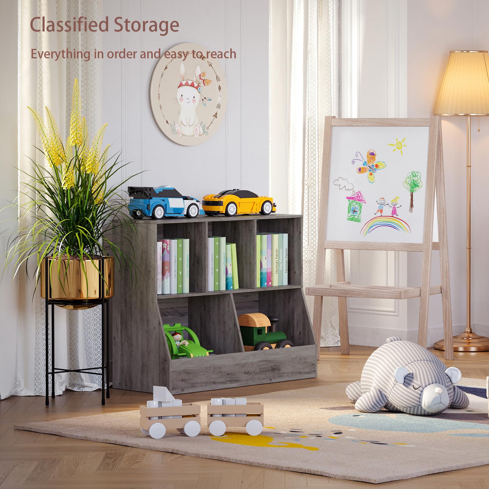 DINZI LVJ Wooden Toy Storage Organizer & Kids Bookshelf - 5-Cubby Children's Bookcase with Gray Wash Finish (31.5