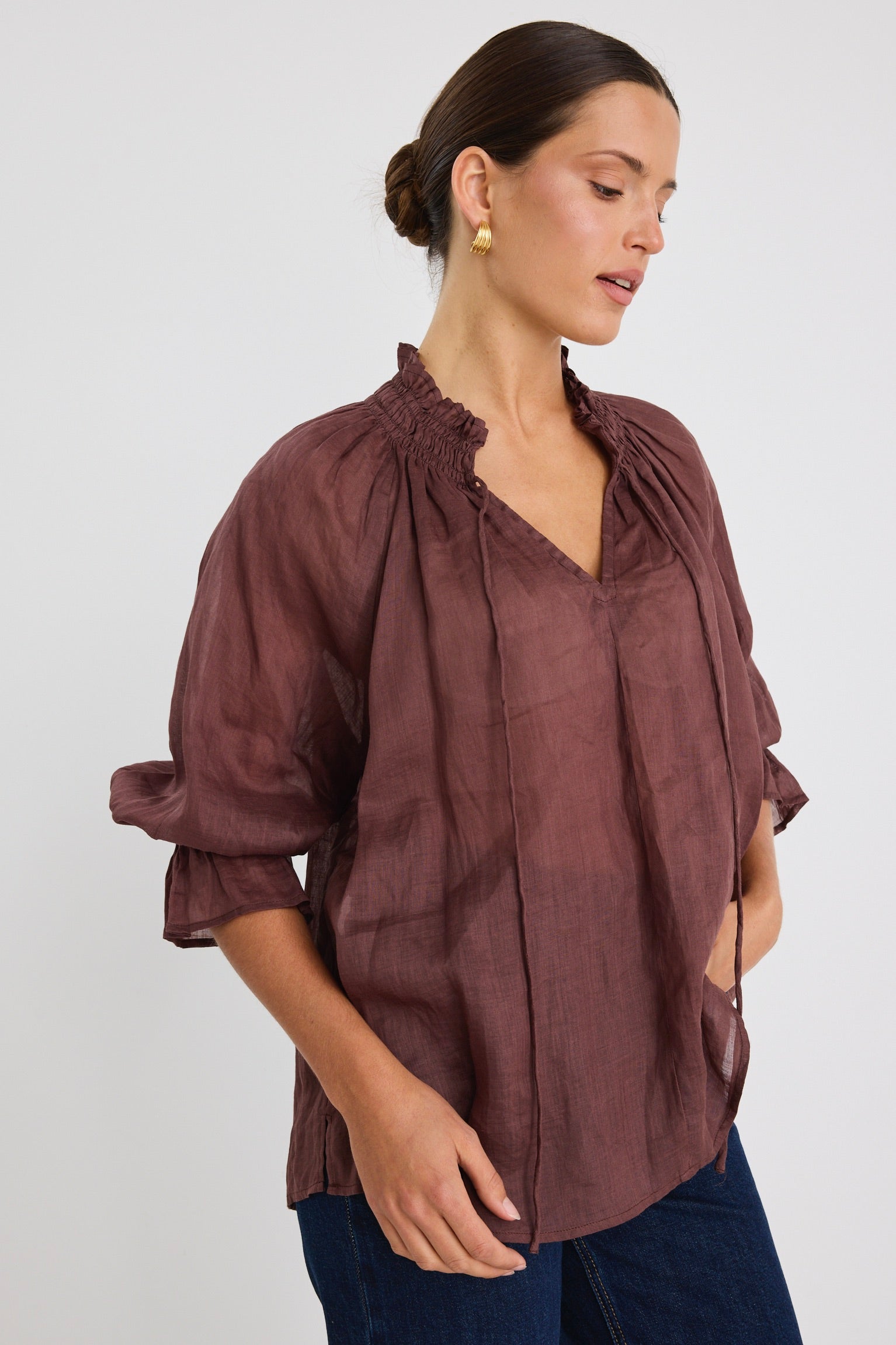 Expedition Chocolate Ramie Shirred Neck Short Sleeve Top - Breathable Summer Blouse for Outdoor Adventures & Casual Wear