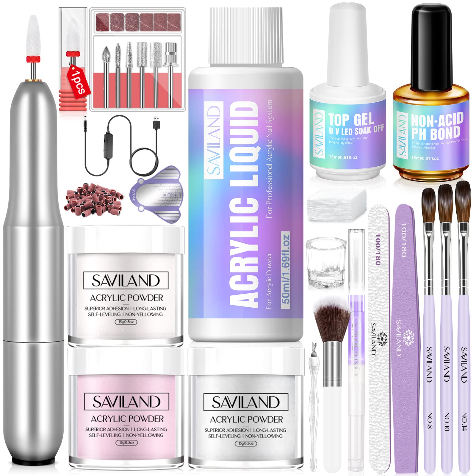 Saviland Upgraded Acrylic Nail Kit for Beginners - 3 Colors Acrylic Powder, Speed-Adjustable Nail Drill, Acrylic Liquid, Brush, Top Gel & Non-Acid PH Bond | Professional Manicure Set | Perfect Gift for Women & DIY Nail Art Enthusiasts | Home Salon & Party Use