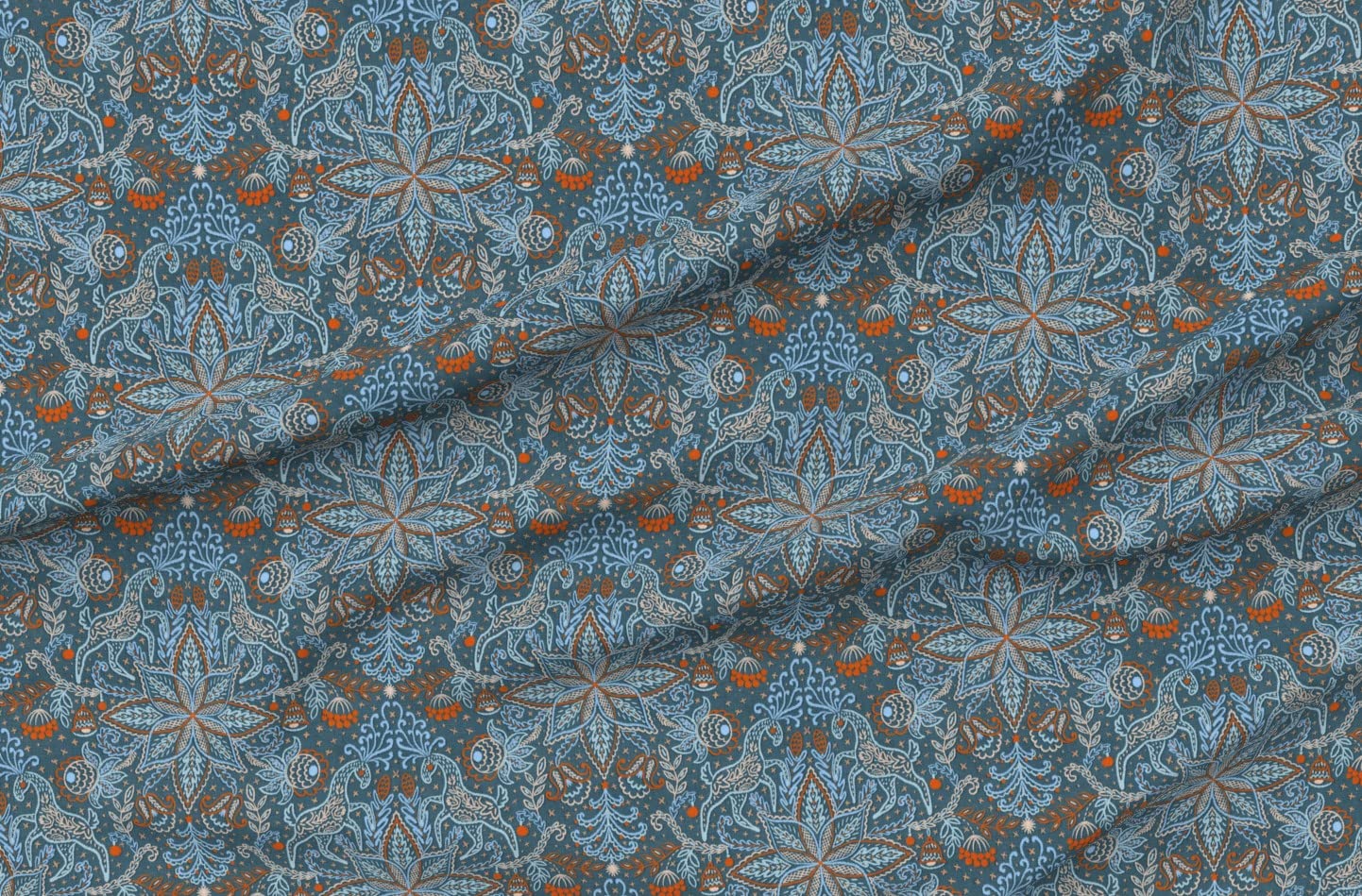 Frosted Folk Winter Printed Satin Fabric Fat Quarter - Premium Spoonflower Fabric for Sewing, Lining, Apparel, Fashion, Blankets & Home Decor | Perfect for DIY Projects, Quilting, and Holiday Crafts