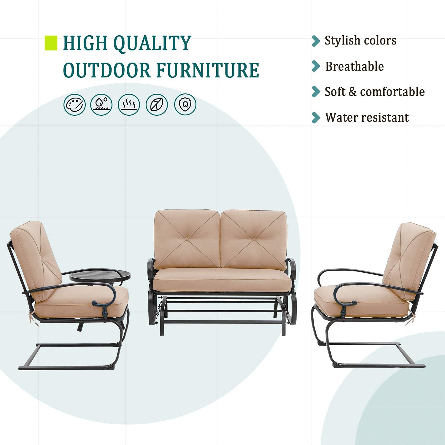 4-Piece Outdoor Wrought Iron Patio Conversation Set with Glider Loveseat, 2 Spring Chairs & Coffee Table - Brown - Perfect for Garden, Backyard, Porch or Poolside Relaxation