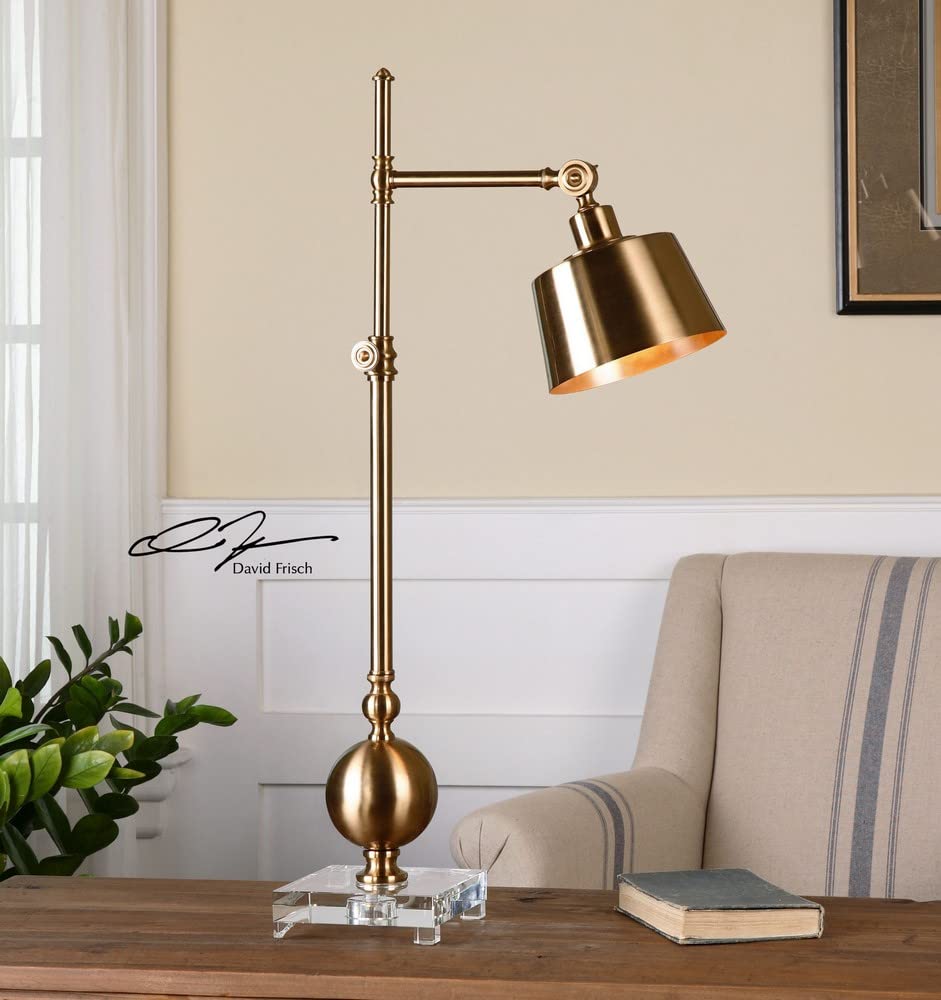 Brushed Brass Adjustable Task Lamp with Round Drum Shade & Crystal Base - 3-Way Switch for Bedroom, Office, or Study Desk Lighting