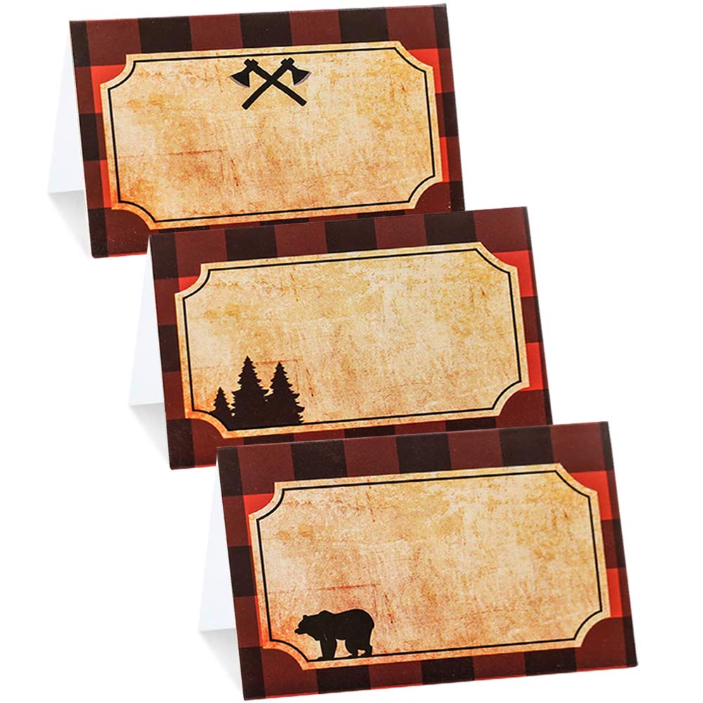 Lumberjack Party Place Cards - Buffalo Plaid Food Tents & Labels for Woodland Baby Shower Decorations | Rustic Wedding, Birthday Party & Themed Event Supplies