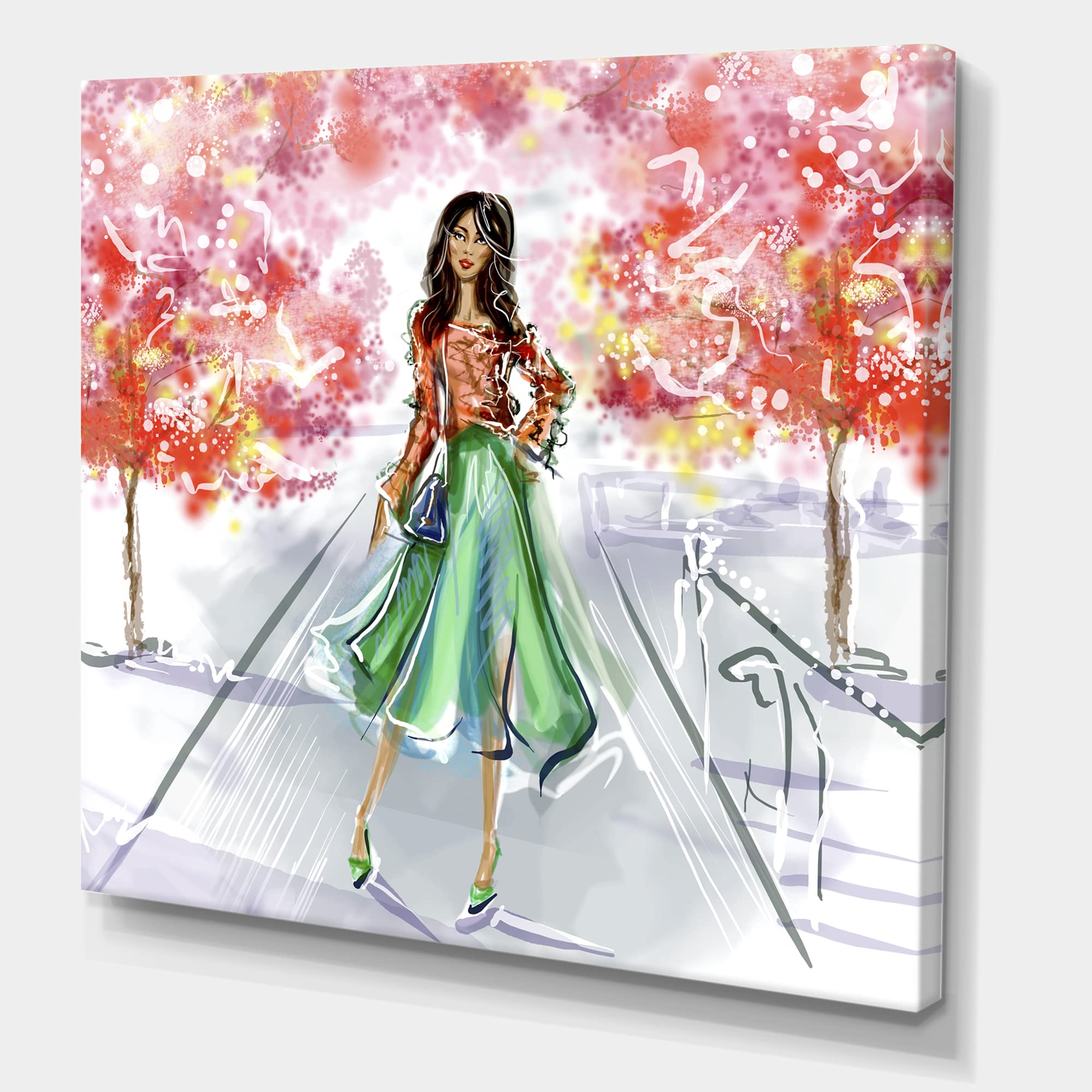DesignQ Traditional Canvas Wall Art - Beautiful Girl in Fashionable Clothes Park Scene Painting - Perfect for Living Room, Bedroom & Office Decor