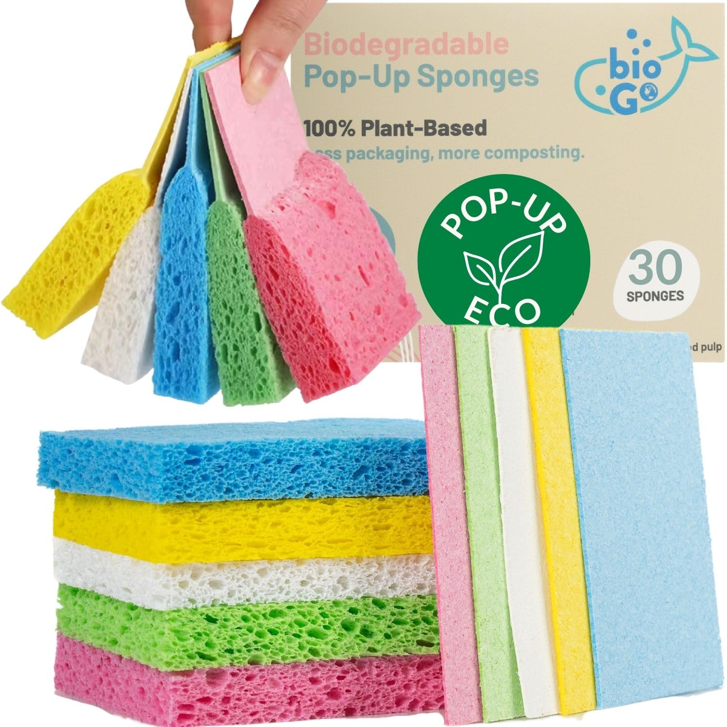 BioGo 30 Pack Compostable Pop-Up Sponges - Eco-Friendly Expanding Dish Sponges for Kitchen Cleaning | Plant-Based, Non-Scratch, Bulk Color Sponges | Perfect for Washing Dishes, Pots & Countertops