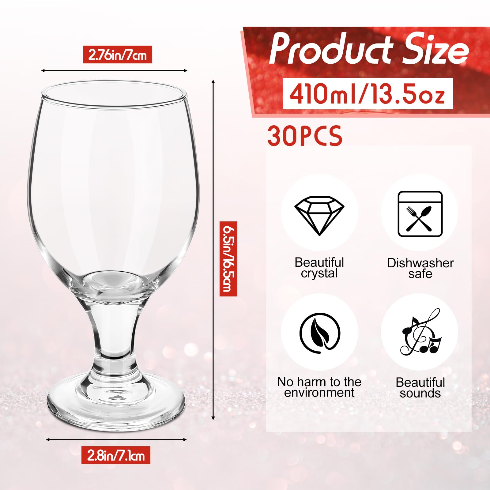 Patelai 30-Pack 13.5 oz Clear Stemmed Water Goblet Glasses - Elegant Drinking Glasses for Juice, Wine, Beer, Tea, Milk & Cold Beverages - Perfect for Dinner Parties, Weddings, Restaurants & Home Entertaining