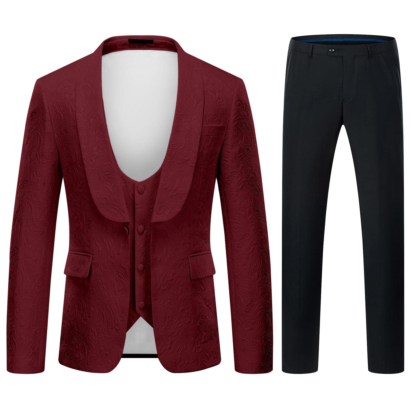 KUDORO Men's Slim Fit 3-Piece Jacquard Tuxedo Suit with One Button Shawl Collar | Formal Wedding, Prom & Evening Wear for Groom, Best Man & Special Occasions