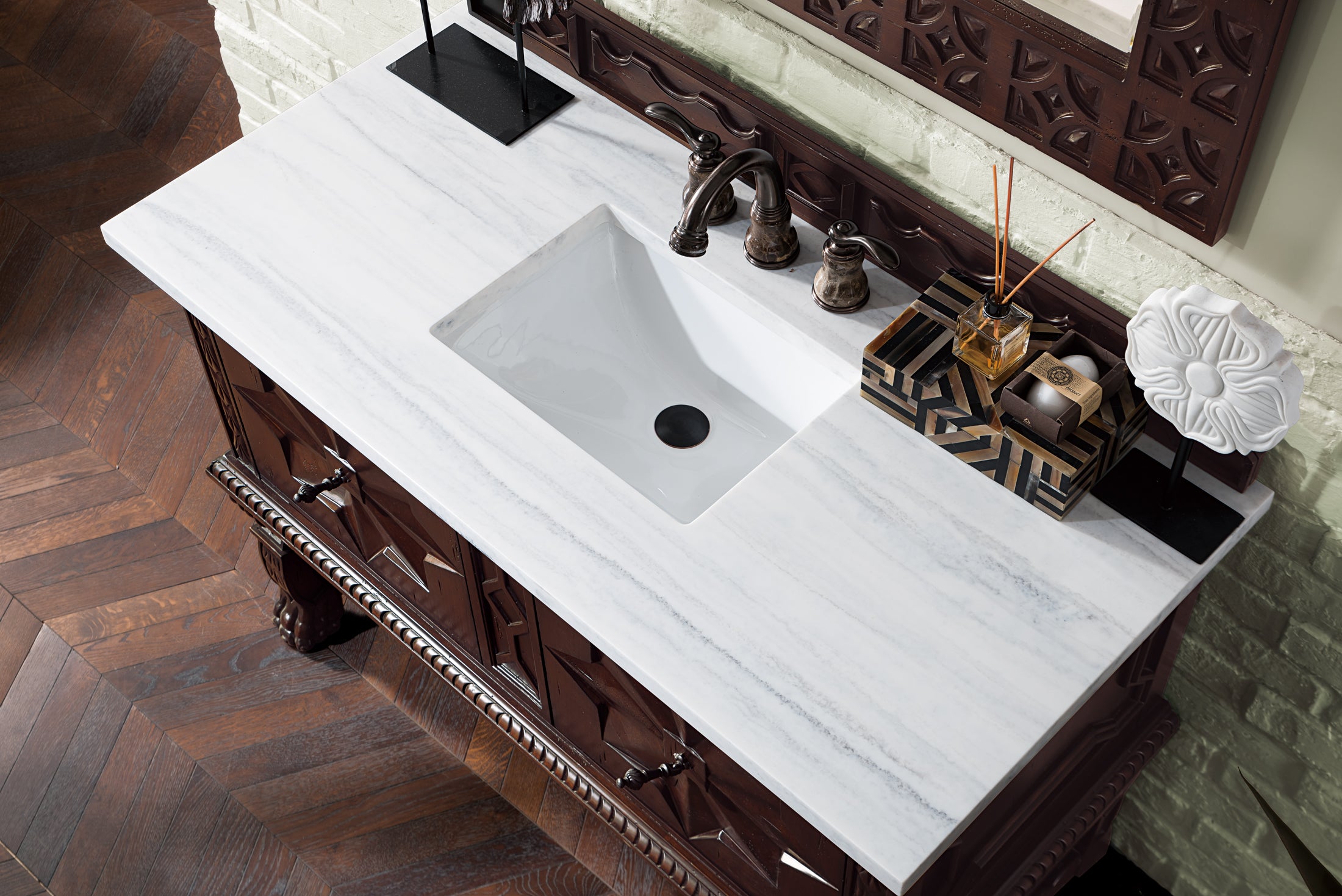 Balmoral 48 Inch Antique Walnut Bathroom Vanity with 3CM Arctic Fall Solid Surface Top - Perfect for Modern Farmhouse & Traditional Bathroom Designs