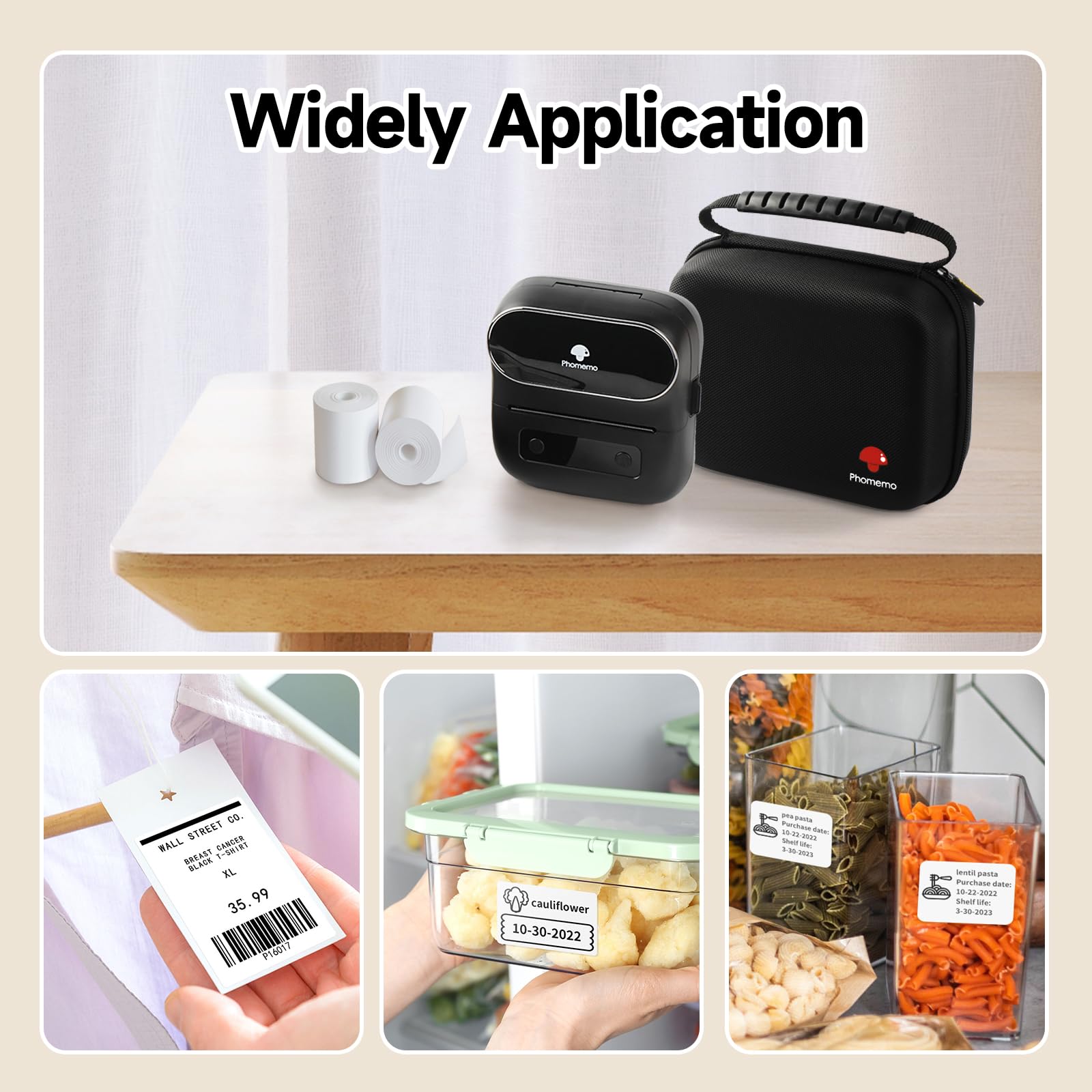 Phomemo M220 Portable Bluetooth Thermal Label Printer - 80mm Mini Label Maker with 3 Rolls Thermal Sticker Paper & Carrying Case, Compatible with Android iOS for Shipping, Packaging, Inventory & Small Business Organization