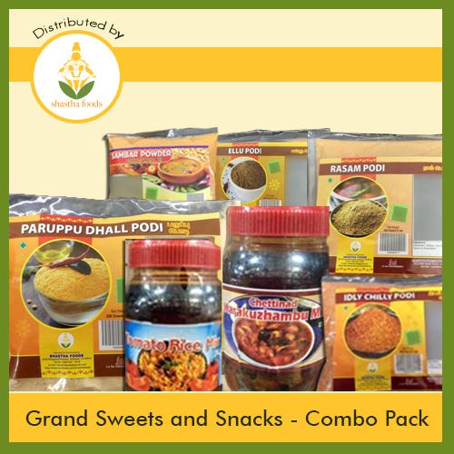 Grand Sweets & Snacks Indian Instant Food Combo Pack - 10 Authentic Items Including Rice Mixes & Podis | Quick Meals, Snacks & Gifts for Indian Food Lovers