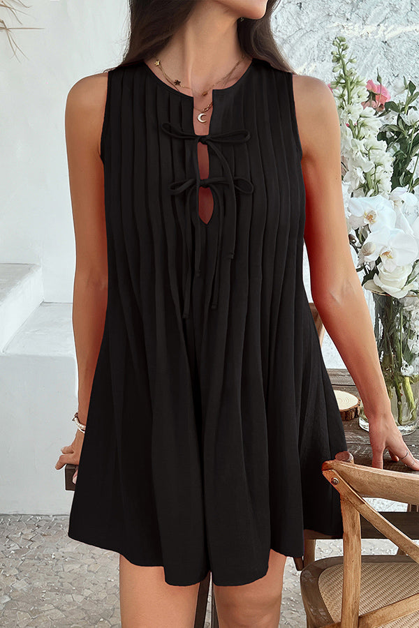 Solid Color Sleeveless Tie Pleated Casual Mini Dress for Women - Summer Beach Party, Date Night & Vacation Outfit