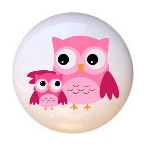 PP Pink and Green Owl Ceramic Drawer Pulls - Decorative Cabinet Knobs for Baby Girl Nursery Dresser - Owl15 - Perfect for Kids Room, Closet & Cupboard Organization
