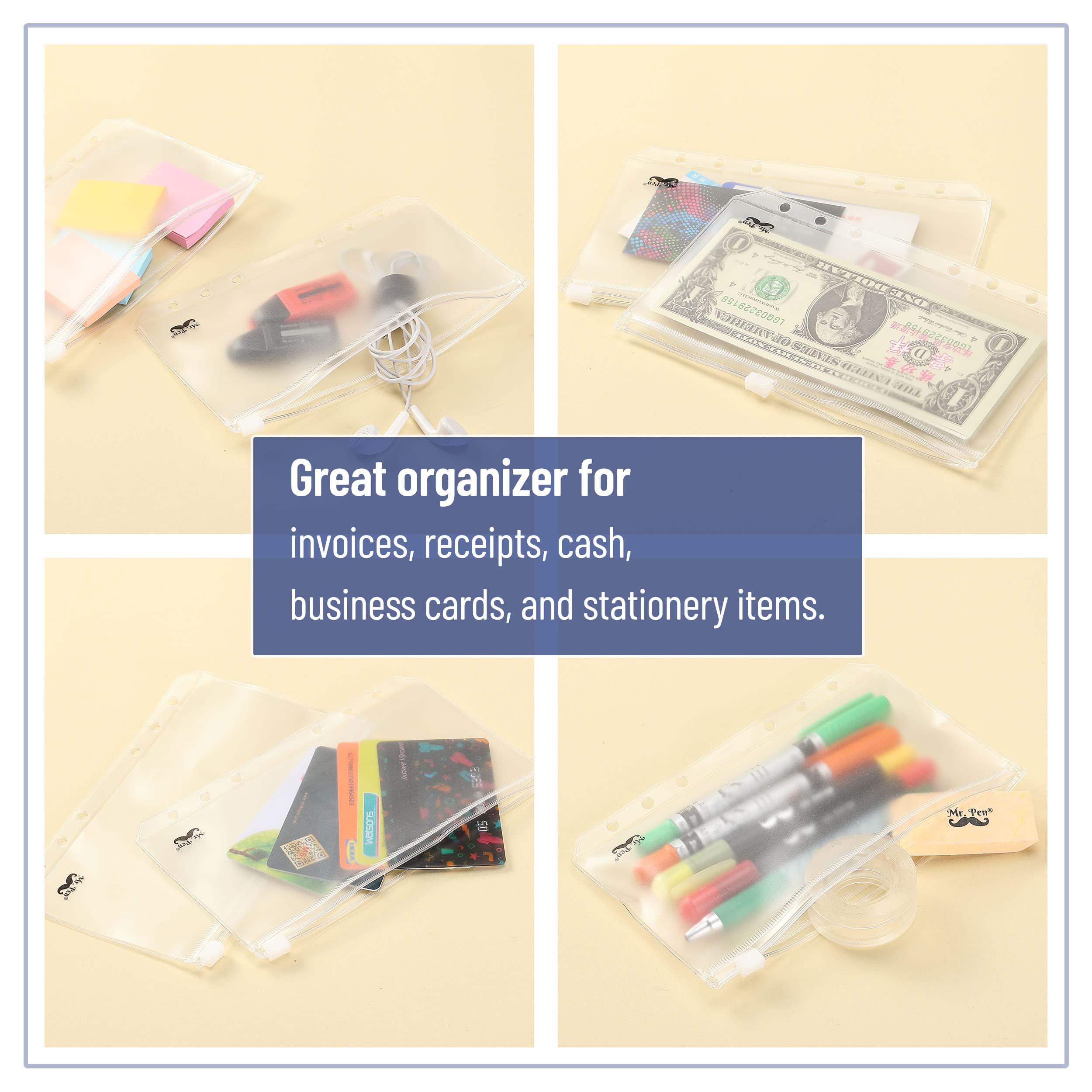 Mr. Pen A6 Binder Pockets - 8 Pack Clear Zipper Envelopes with 6 Holes for Cash, Inserts & Organization | Perfect for Budgeting, School Supplies, Planner Accessories & Document Storage
