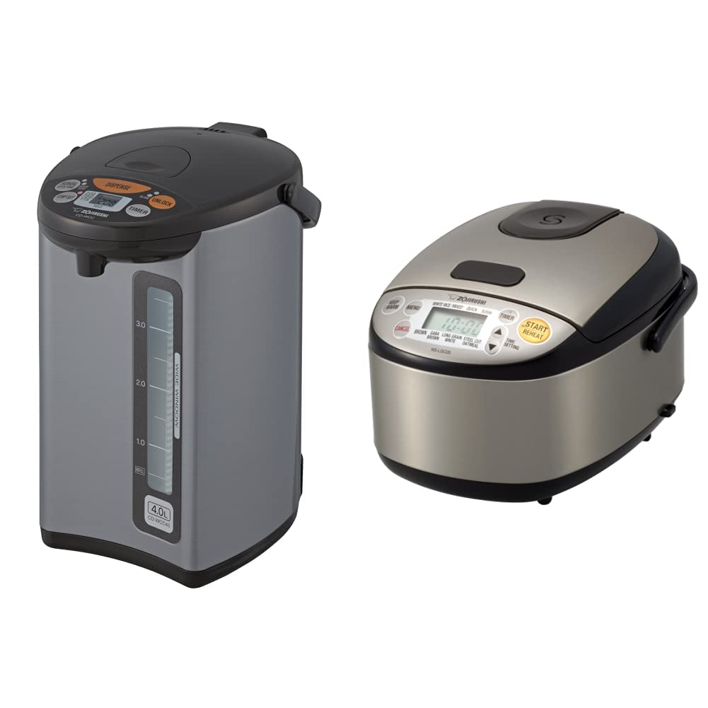 Zojirushi Micom 4.0L Electric Water Boiler & Warmer (135 oz) - Silver | NS-LGC05XB 3-Cup Micom Rice Cooker & Warmer - Stainless Steel Black | Perfect for Home, Office & Tea Ceremonies