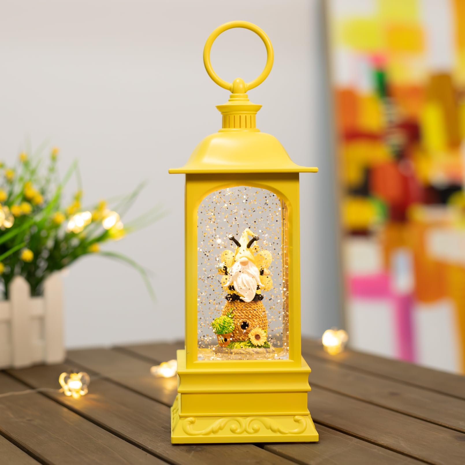 Light Up Honey Bee Hive Snow Globe Lantern - Spring Gnome Decorations with 6H Timer, Battery/USB Powered for Home, Garden & Easter Decor | Perfect for Tabletop, Shelf Display & Seasonal Party Decor
