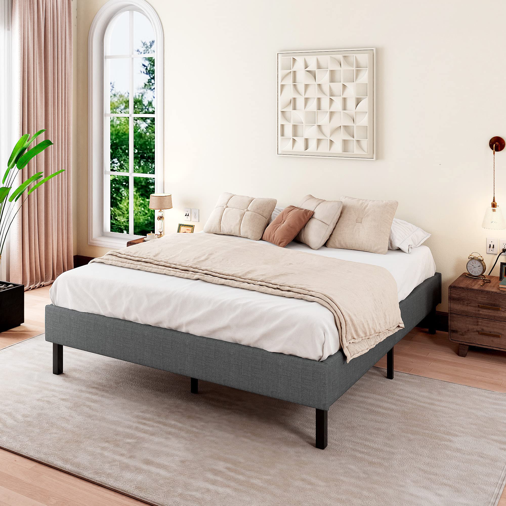 Allewie Queen Size Upholstered Platform Bed Frame with Wood Slats Support - Low Profile Modern Bed, No Box Spring Required, Easy Assembly, Dark Grey - Perfect for Small Bedrooms & Contemporary Home Decor