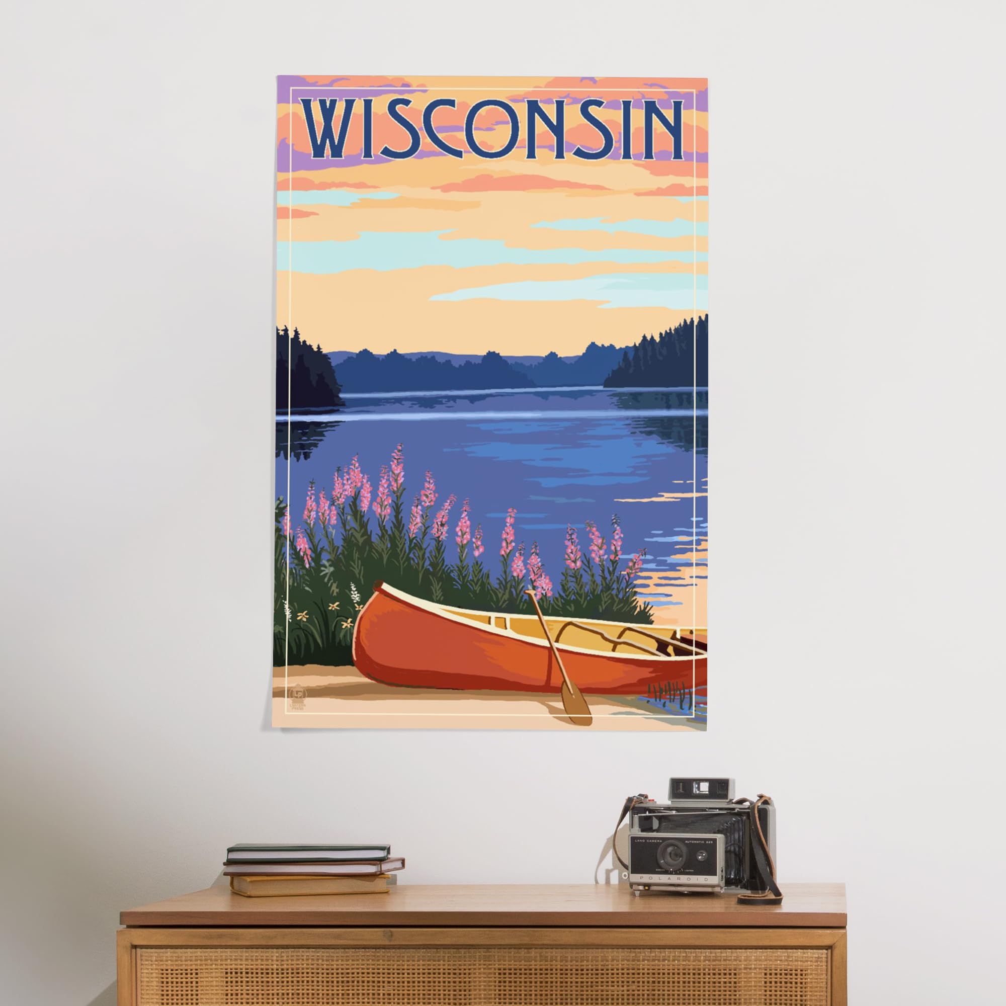 Lantern Press 24x36 Inch Giclee Art Print - Wisconsin Canoe and Lake Landscape Wall Decor - Perfect for Living Room, Bedroom or Office