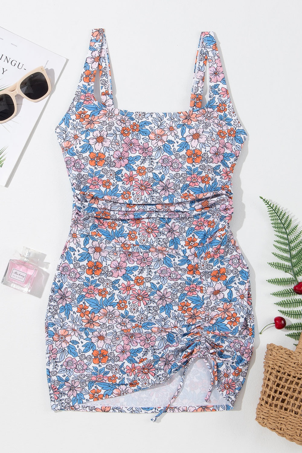 Women's Floral Print Drawstring Swim Dress with Wide Straps - Perfect for Beach, Pool, and Vacation Wear