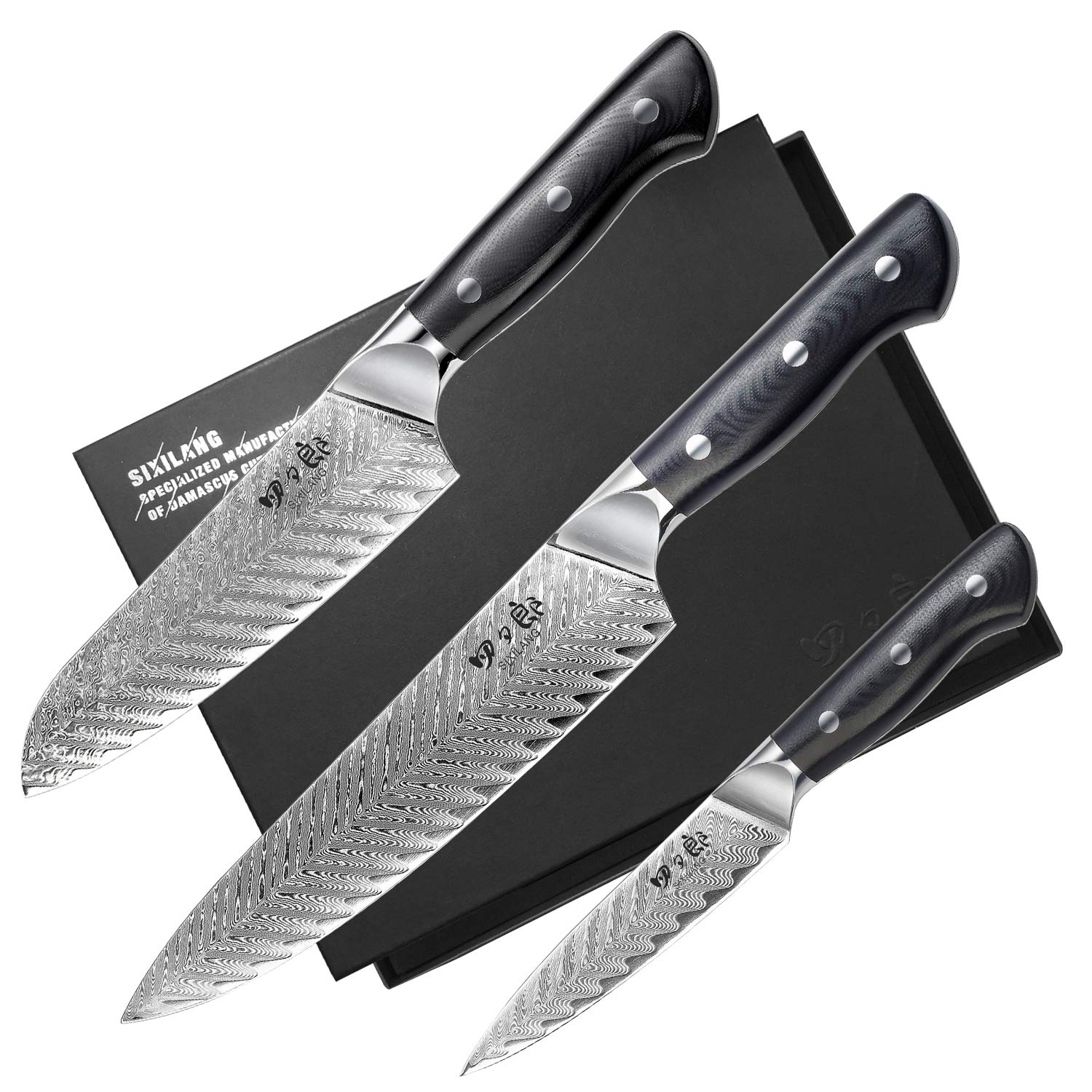 Premium 3-Piece Damascus Chef Knife Set - Japanese AUS10 Steel Core, 67-Layer Forged Kitchen Knives with Full Tang Handle - Perfect for Home Chefs & Professional Cooking - Ideal Gift for Weddings & Housewarming (Black Gift Box)