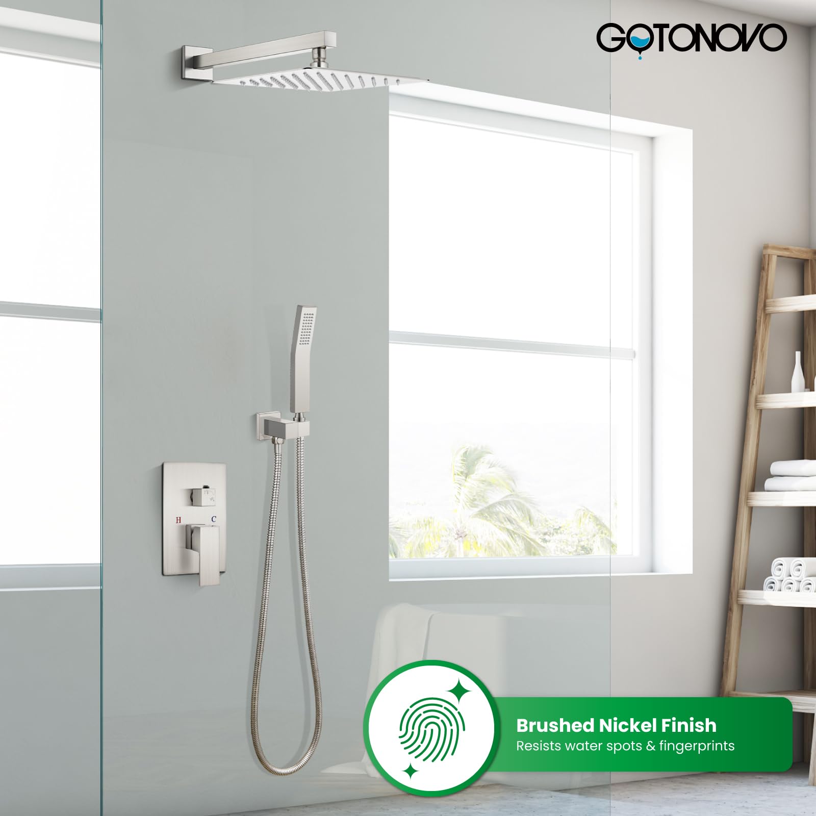Gotonovo 10 Inch Rainfall Shower System - Brushed Nickel Wall Mounted Shower Head with Pressure Balancing Mixer Valve & Handheld Sprayer - Complete Bathroom Shower Combo for Luxurious Spa Experience at Home