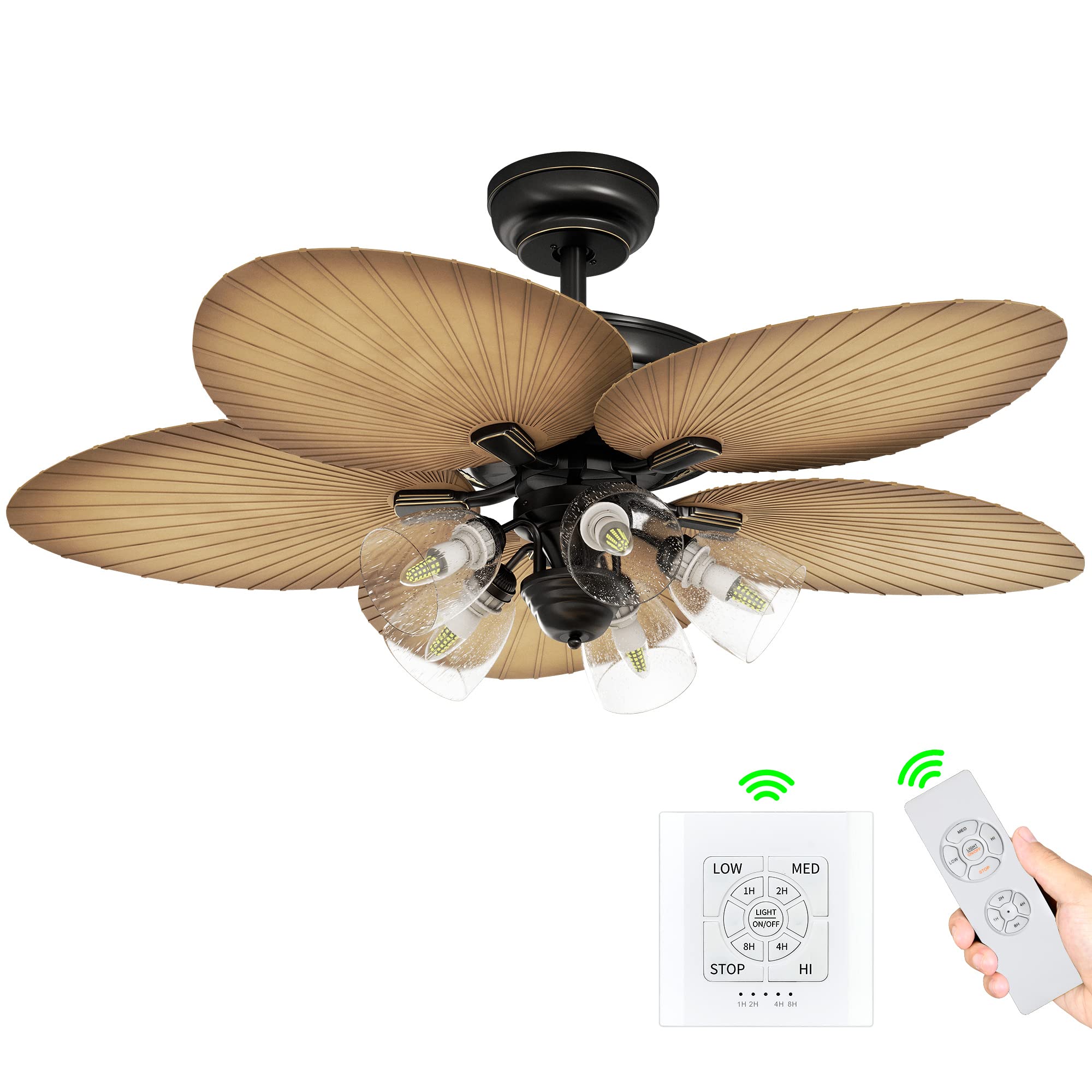 YITAHOME 52 Inch Tropical Ceiling Fan with Light Kit - Remote & Wall Control, 3 Speed Silent Reversible Motor, 4 Timer Settings, Palm Leaf Blades, Clear Seeded Glass - Perfect for Bedroom, Living Room & Outdoor Patio (Sandstone/Black)