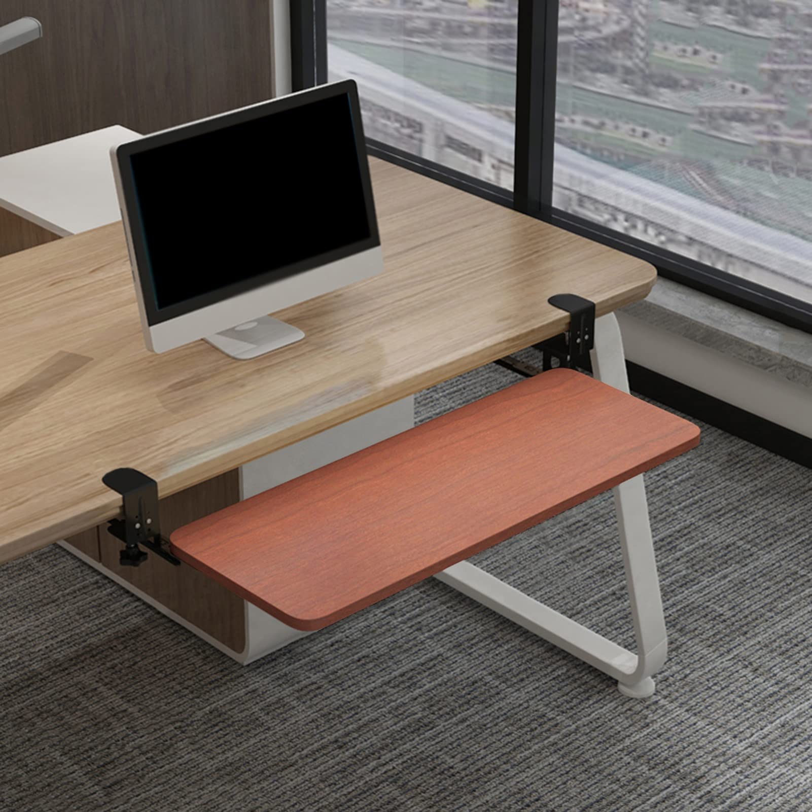 Premium Under Desk Keyboard Tray - Retractable Solid Wood Slide-Out Mouse Platform with Drawer Shelf for Home Office (87x25cm, Brown) | Ergonomic Workspace Solution for Computers & Laptops