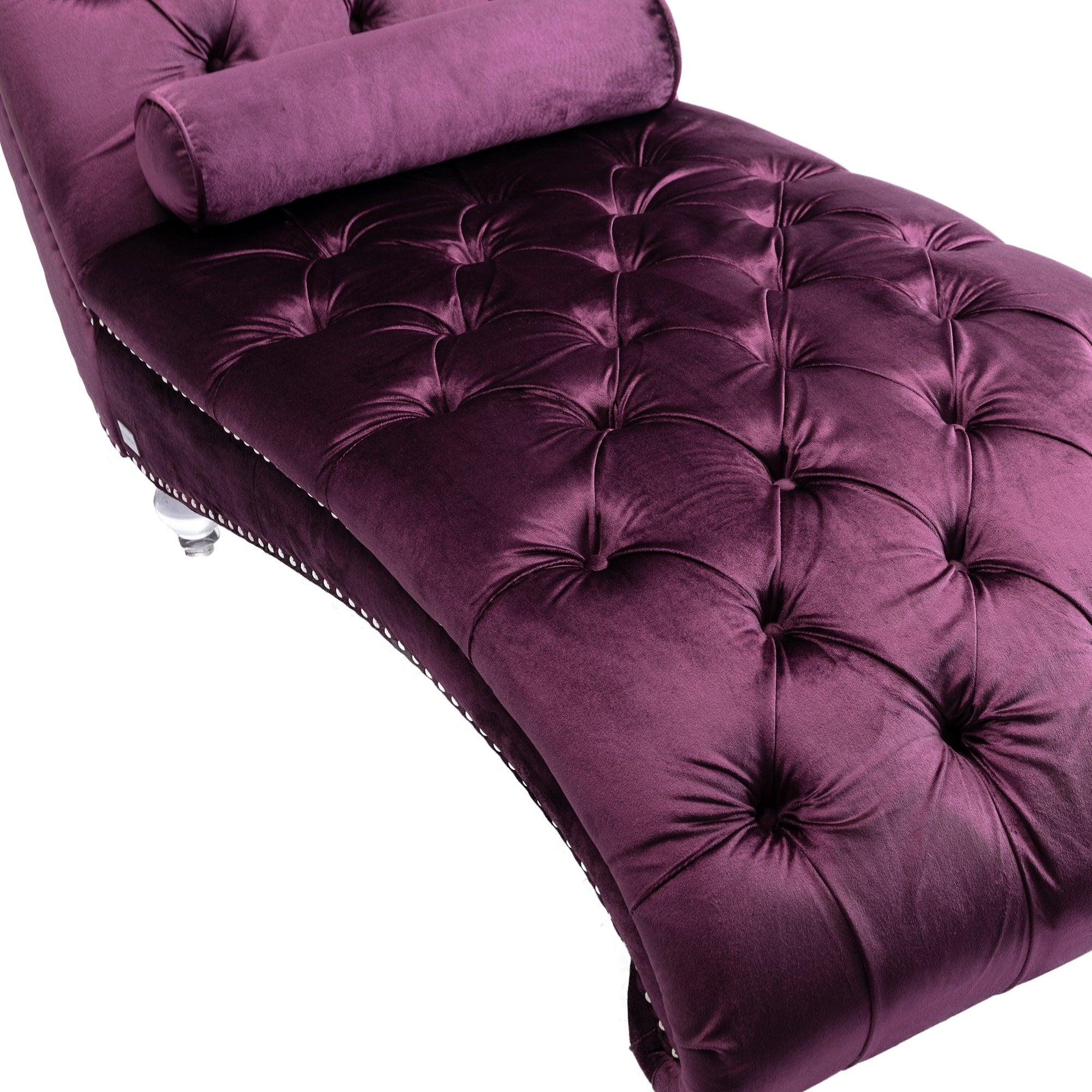 Luxury Velvet Chaise Lounge Chair - Button Tufted Upholstered Sofa with Pillow for Bedroom, Living Room & Office - Elegant Purple Velvet Chaise - Perfect for Relaxing, Reading & Home Decor