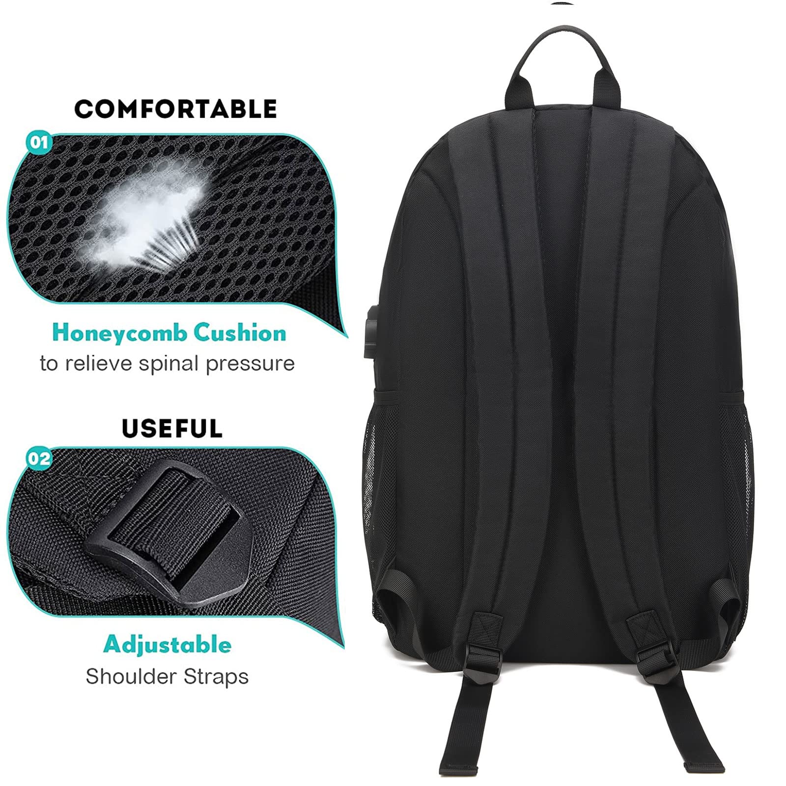 Kids Skateboard Anime Luminous Backpack with USB Charging Port & Anti-Theft Lock - Waterproof School Backpack for Teen Boys & Girls, Includes Lunch Bag & Pencil Case - Perfect for School, College, Travel & Outdoor Activities