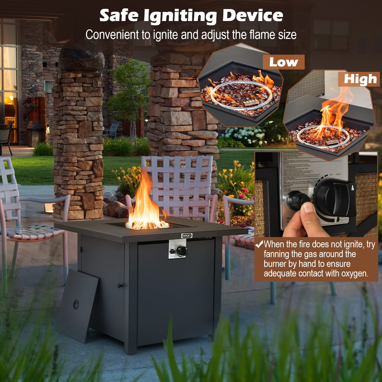 Tangkula 32 Inch Outdoor Propane Fire Pit Table - 50,000 BTU Square Patio Heater with Clear Glass Rocks & PVC Cover, Easy Ignition System - Perfect for Backyard, Poolside, Deck, and Garden Gatherings