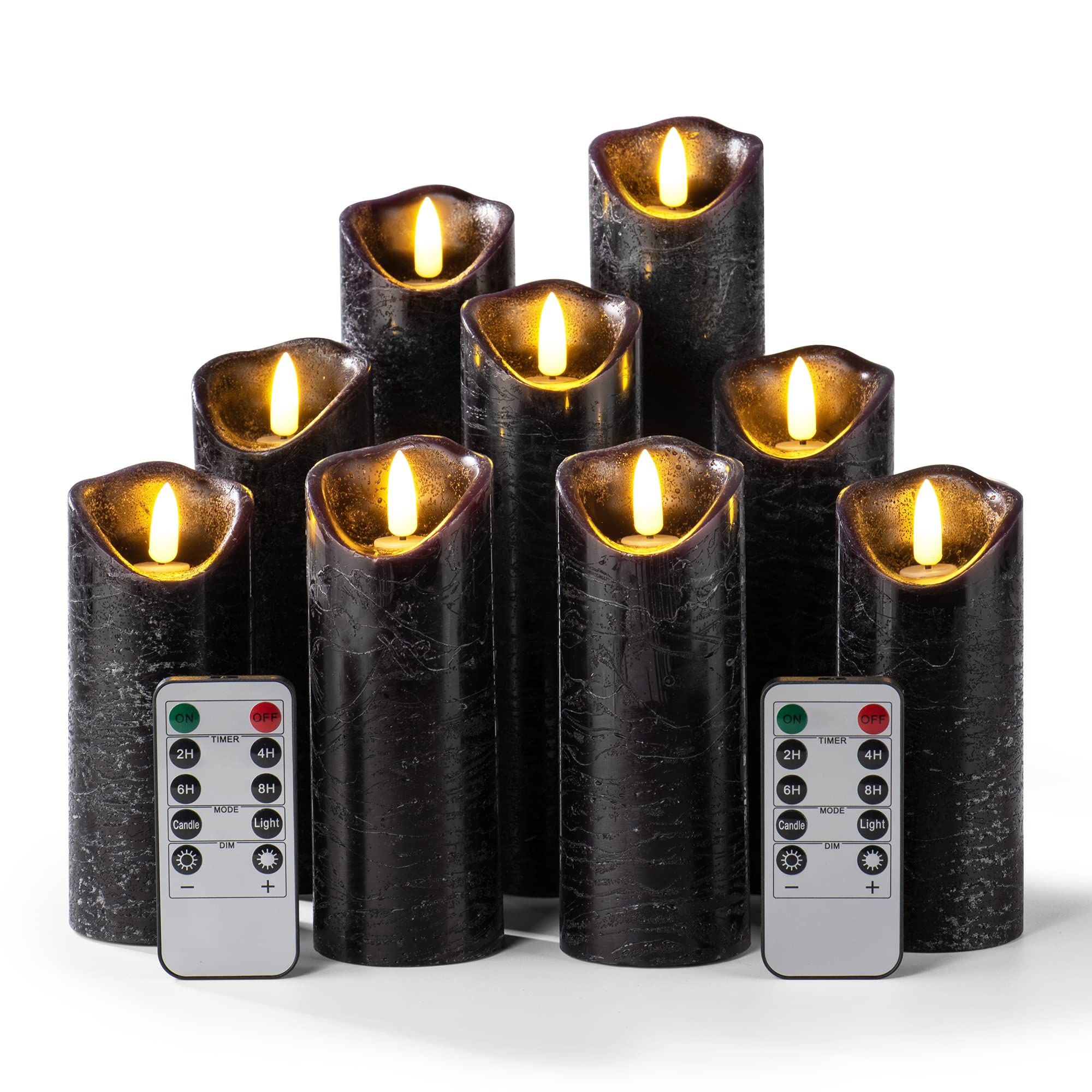 RY King Set of 9 Black Flameless LED Candles - Battery Operated Real Wax Flickering Electric Candles with Remote & Timer - Perfect for Wedding, Birthday, Halloween, Christmas Decor & Home Ambiance