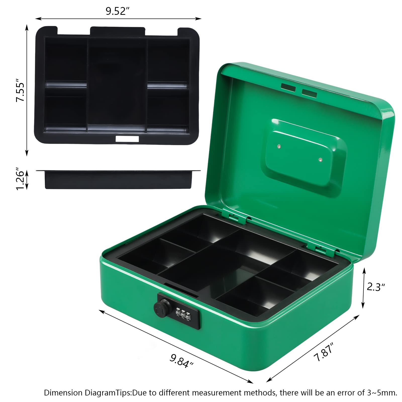 KYODOLED Large Cash Box with Combination Lock - Heavy Duty Metal Money Safe with Removable Tray (9.84x7.87x3.54 Inch) - Secure Storage for Cash, Valuables & Documents - Ideal for Home, Office, Retail Stores & Small Businesses (Green)