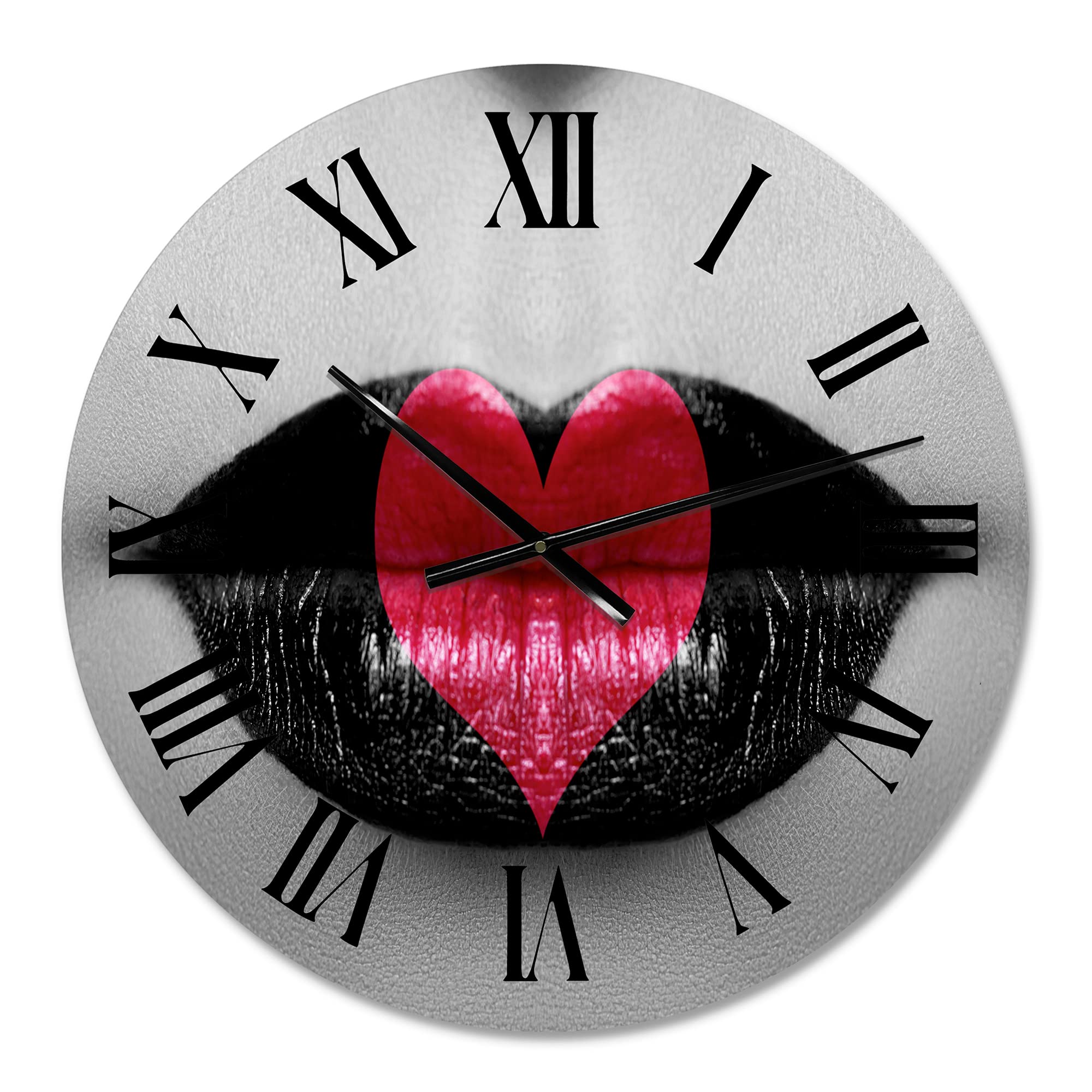 Modern Red Heart in Black and White Lips Large Wall Clock - Stylish Home Decor for Living Room, Bedroom & Office - Silent Non-Ticking Battery Operated