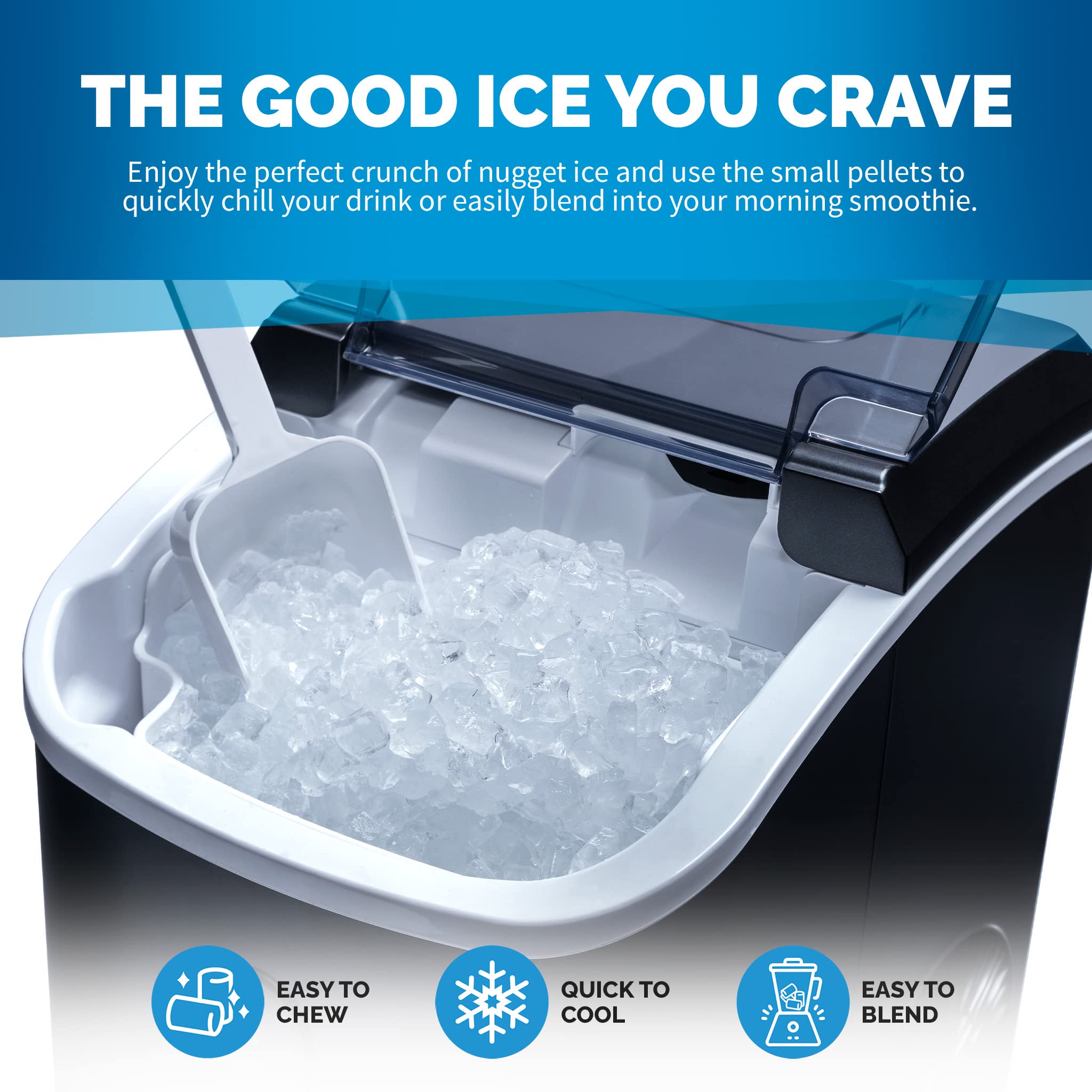 Newair Nugget Countertop Ice Maker Machine - 26 lbs. Daily Output, Self-Cleaning, Refillable Water Tank | Matte Black Electric Sonic Ice Maker for Perfect Nugget Ice | Ideal for Home Kitchens, Offices, Coffee Bars & Entertaining