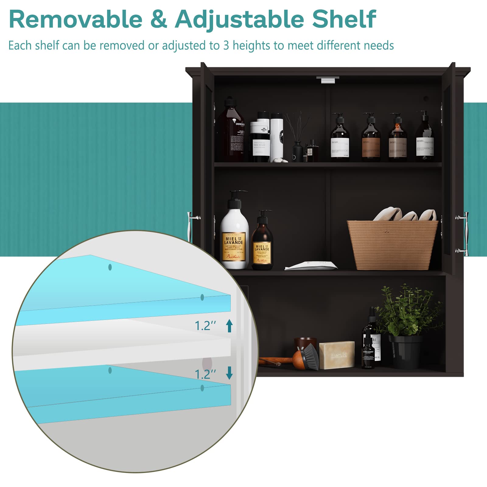 MEETWARM Wall Mounted Bathroom Cabinet with Adjustable Shelves - Double Door Wood Medicine Storage Organizer for Over The Toilet Space - Perfect for Bathroom Organization and Small Space Storage