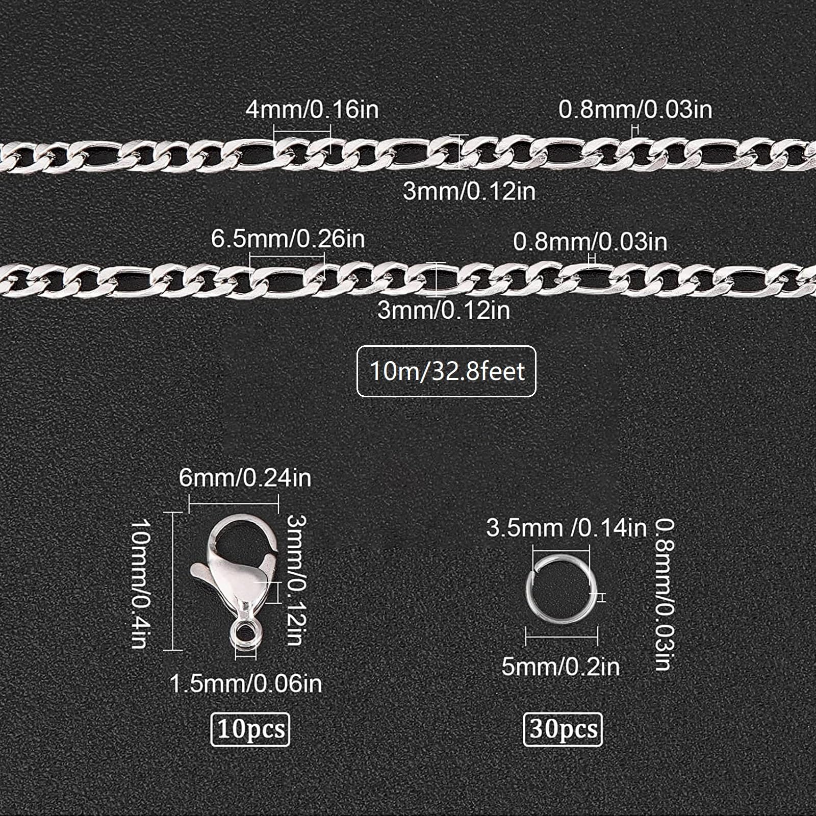 SunnyClue DIY 10M 32.8 Feet 3MM Silver Figaro Chain Roll - Silver Plated Stainless Steel Cable Link Chain Bulk for Jewelry Making, Necklaces, Bracelets, Crafting Supplies - Perfect for DIY Gifts, Fashion Accessories & Home Decor