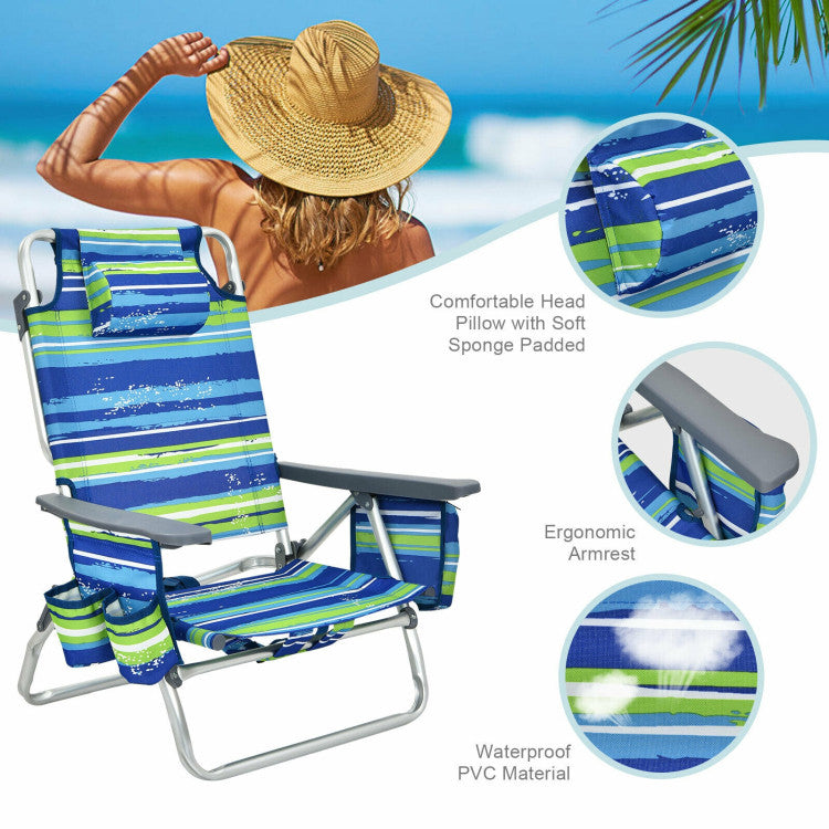 Costway 4-Pack Beach Chairs - Adjustable 5-Position Reclining Folding Chairs with Pillow for Outdoor, Poolside, Camping & Backyard Relaxation