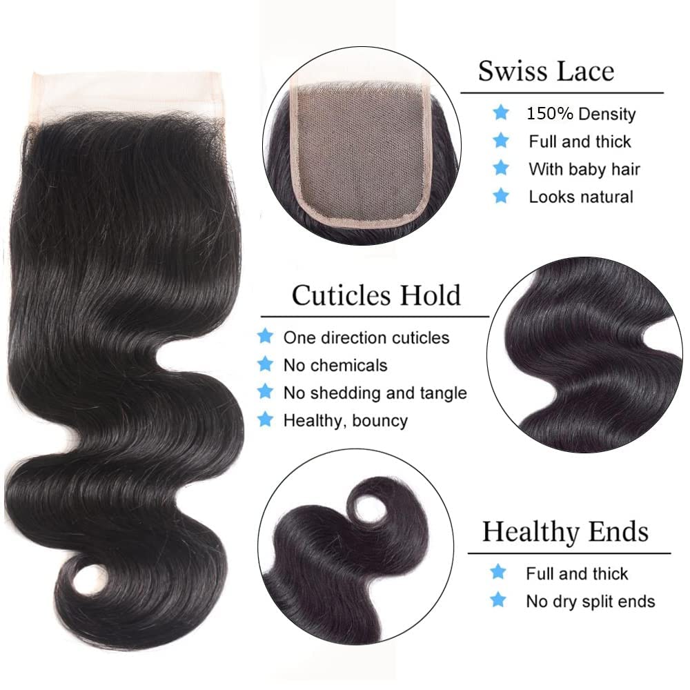 100% Unprocessed Brazilian Virgin Human Hair Bundles with 4x4 Lace Closure - Body Wave 16 18 20 Inch + Free 14 Inch (3 Bundles) - Natural Color, Free Part - Perfect for Sew-in Weaves, Wig Making & Everyday Styling