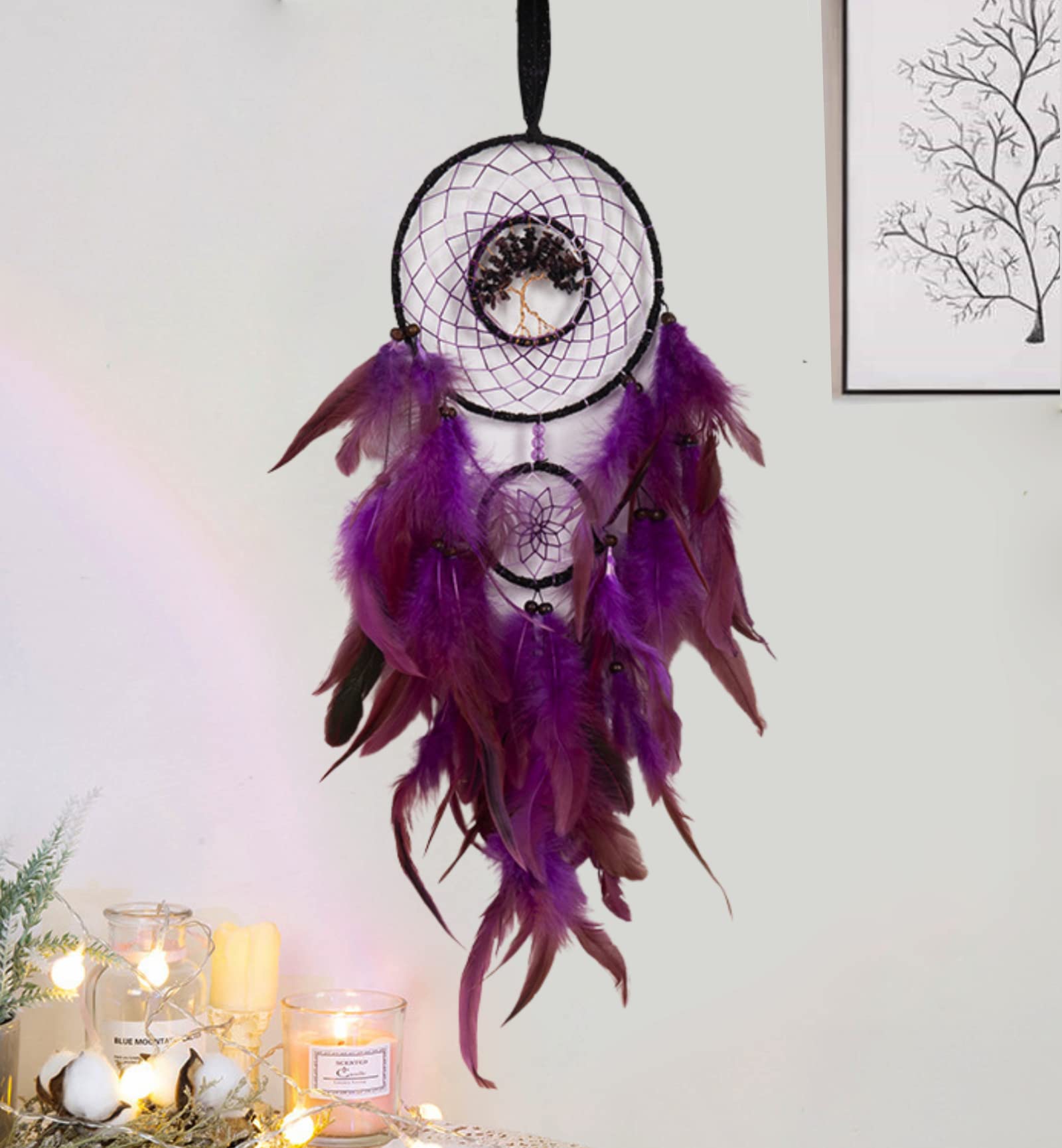Purple Dream Catcher for Kids & Adults - Tree of Life Crystal Feather Wall Hanging for Bedroom Decor, Teen Room & Native American Style Home Accessories | Perfect for Nursery, Dorm Room & Spiritual Gifts
