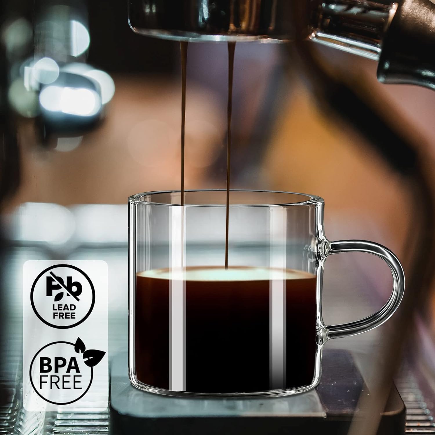 PARACITY 4-Pack Insulated Espresso Cups - 4.3oz High Borosilicate Glass Shot Glasses with Handle - Clear Coffee & Tea Cups for Home, Office & Cafe Use