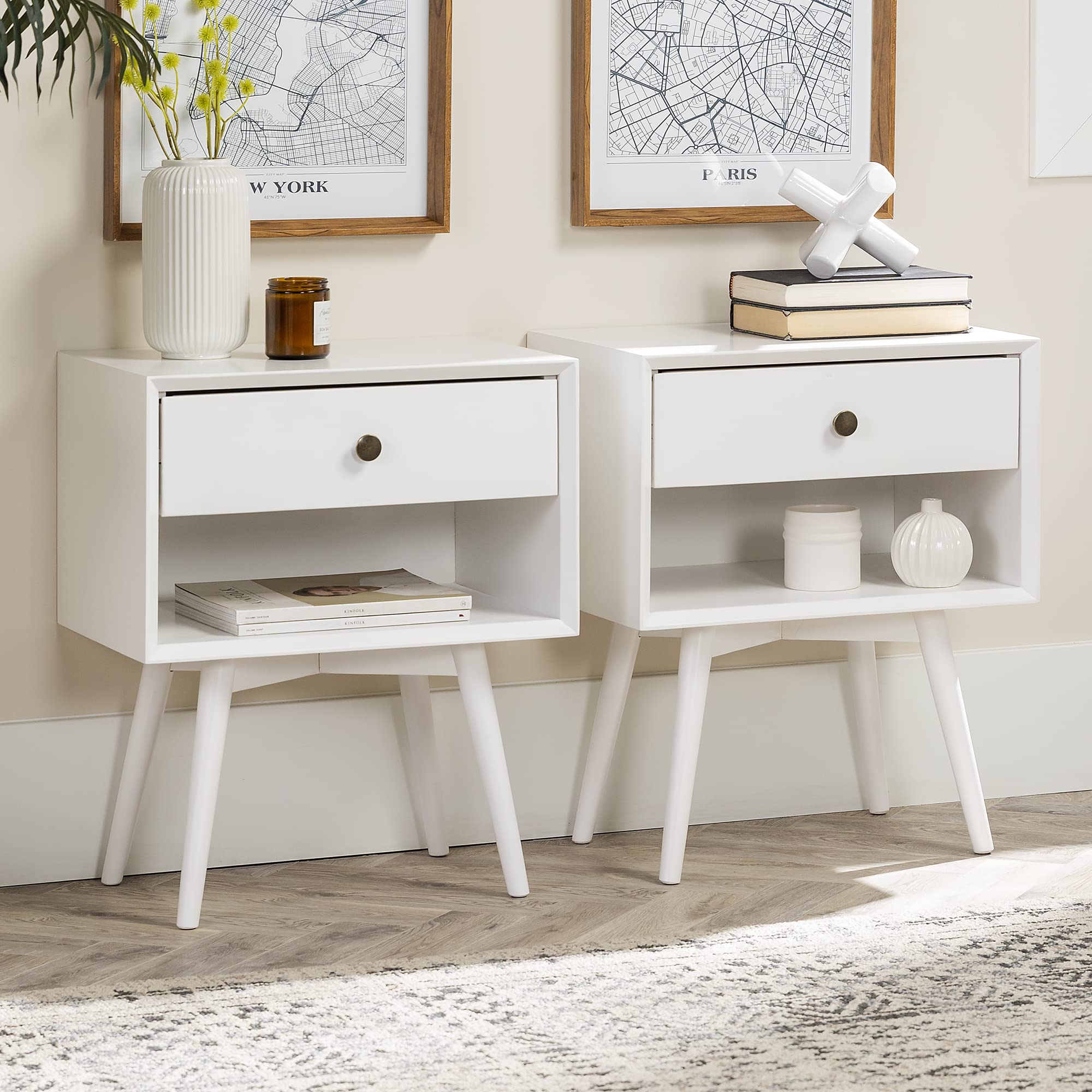 Walker Edison Mia Mid-Century Modern 1-Drawer Solid Wood Nightstands, Set of 2, White - Stylish Bedroom Furniture for Home Decor & Storage Solutions