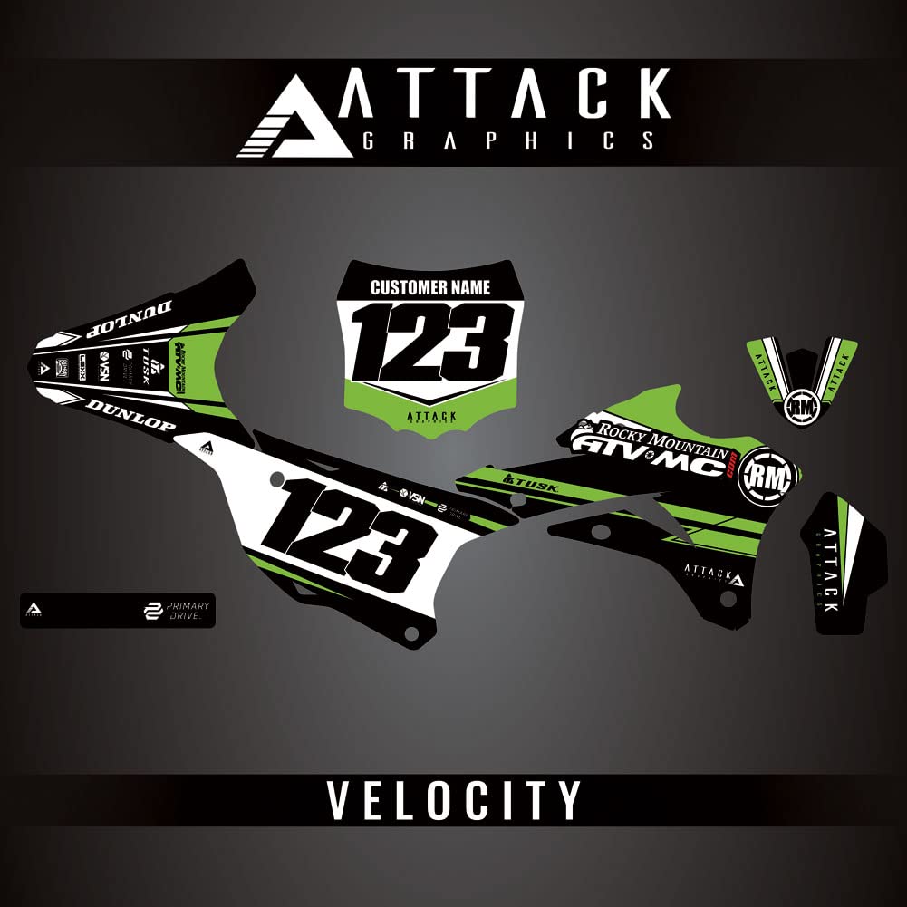 Attack Graphics Custom Velocity Complete Bike Graphics Kit for Kawasaki KX100 2019 - High-Quality Dirt Bike Decals for Motocross & Off-Road Racing - Perfect for Track, Trail & Custom Bike Styling