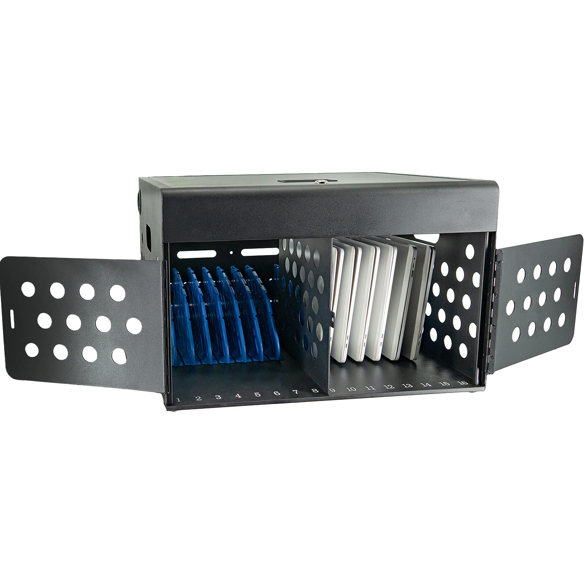 16-Device Locking Tablet Charging Station for Classroom - Secure Metal Charging Cart with Cable Management for Chromebooks, Tablets & Laptops (Black) | Ideal for Schools, Libraries & Office Charging Stations