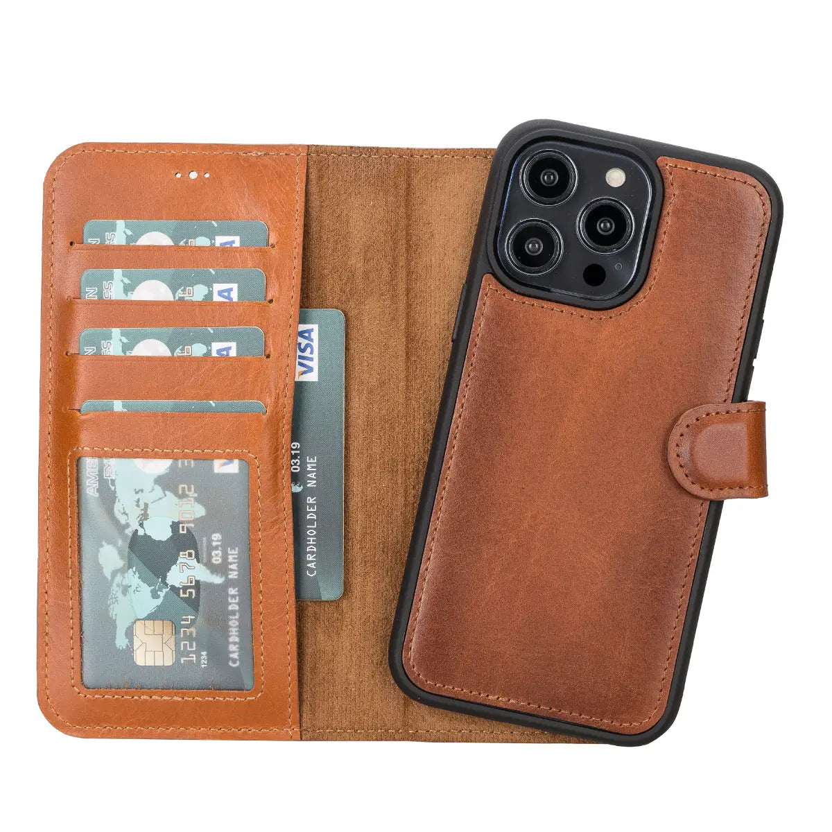 Premium Burnished Tan Leather Wallet Case for iPhone 14 Pro Max - Slim Protective Cover with Card Slots - Perfect for Everyday Use, Travel & Business