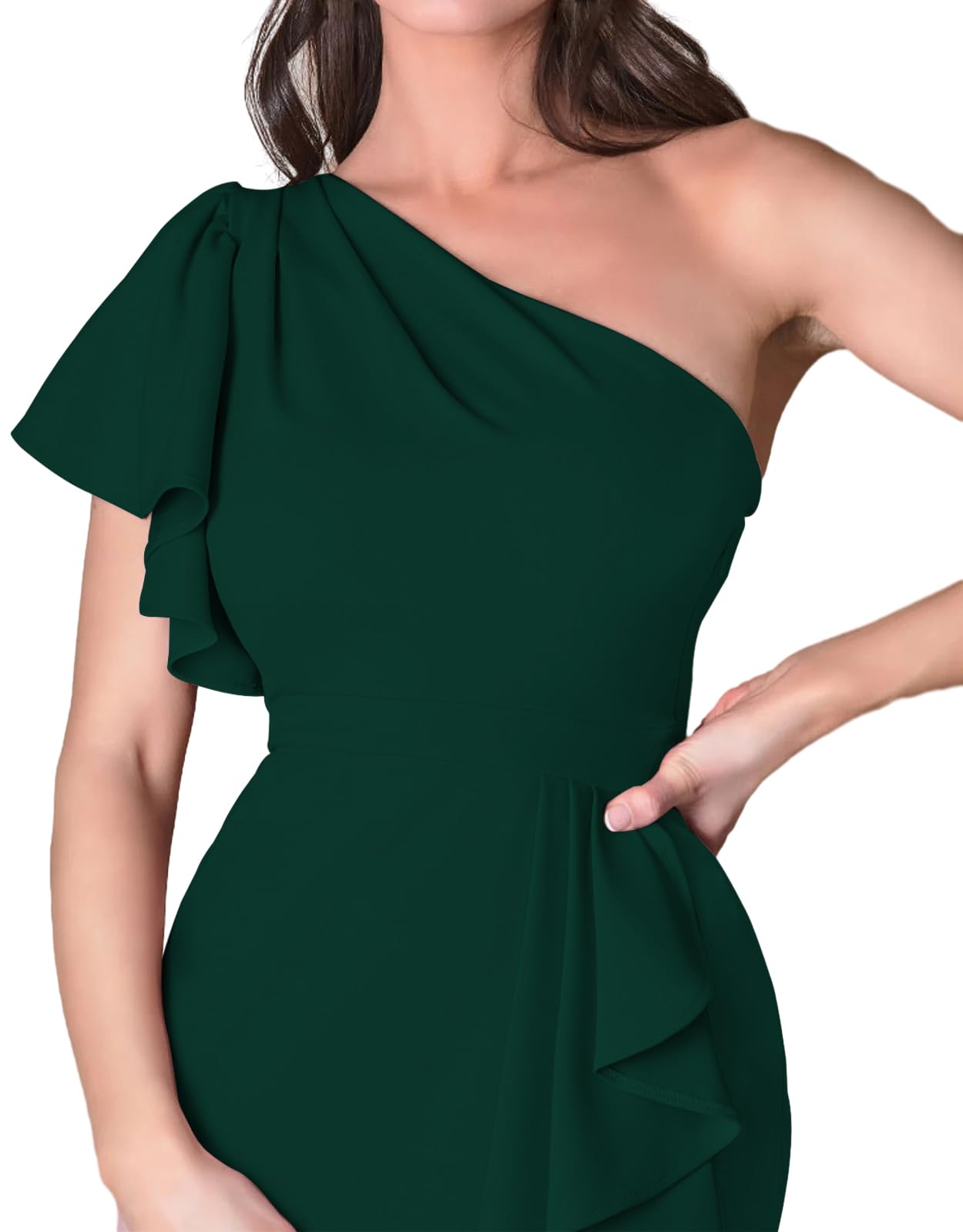 AOOKSMERY Women's One Shoulder Waterfall Ruffle Sleeve Midi Bodycon Dress - Semi Formal Wrap Cocktail Dress for Wedding Guest, Party, Date Night & Special Occasions