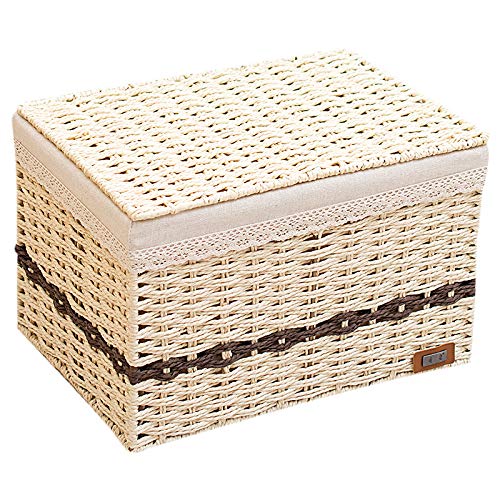 Straw Woven Storage Basket with Lid - Rattan Desktop Organizer for Snacks, Remote Controls - Set of 2 (39x28x26cm) | Perfect for Home, Office & Nursery Organization
