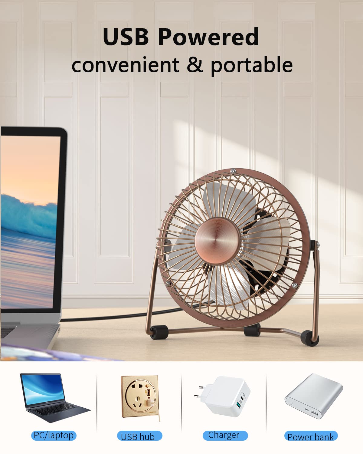 Zuvas 4-Inch Bronze USB Desk Fan - Quiet Small Personal Fan with 360° Rotation, 2 Speed Settings, Portable Mini Table Fan for Home, Office, Bedroom, Travel & Camping | Perfect for Cooling, Studying, Working & Outdoor Adventures