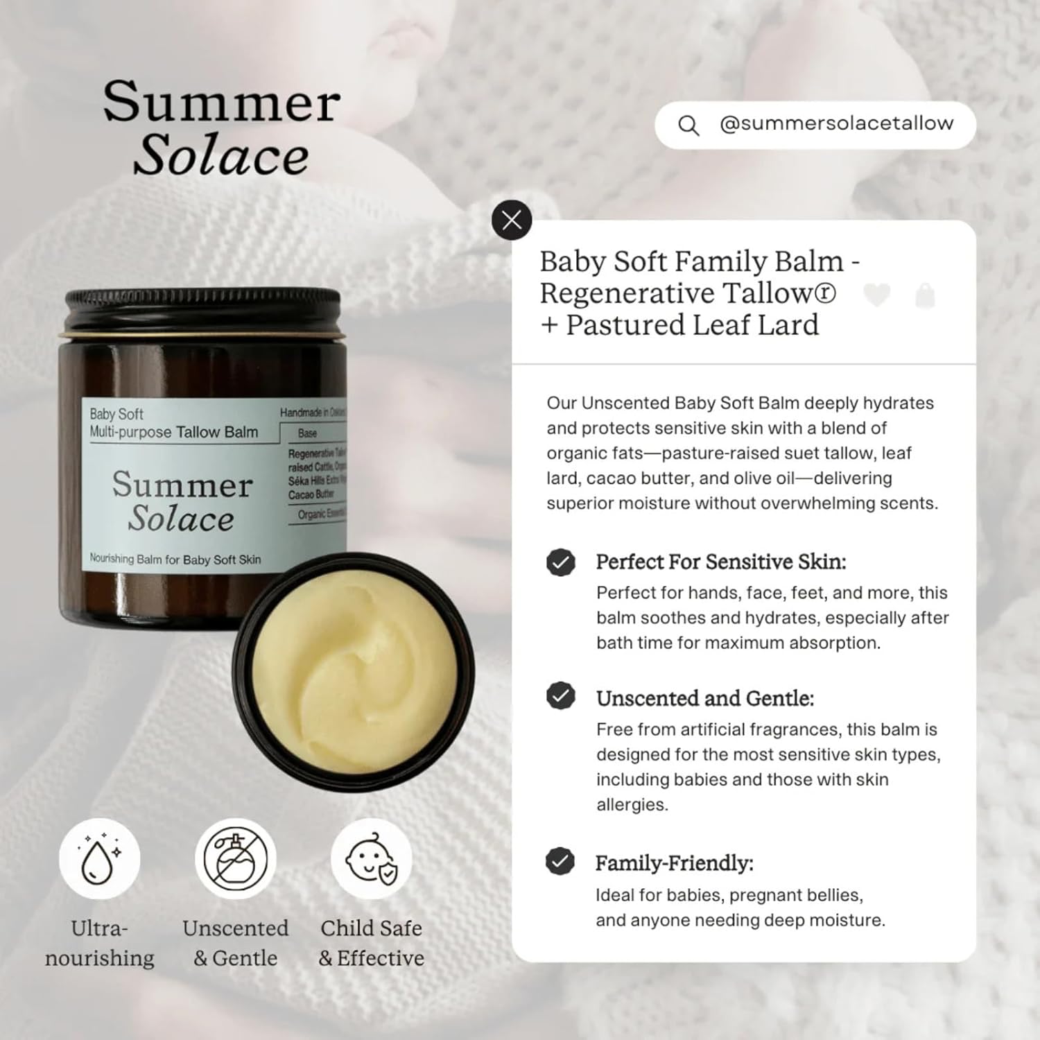 Unscented Family Balm with Light Cacao Butter | Moisturizing Leaf Lard & Pasture-Raised Cattle Suet | Organic Nourishing Face & Body Balm for Parents (50ml) – Perfect for Dry Skin Care & Daily Hydration
